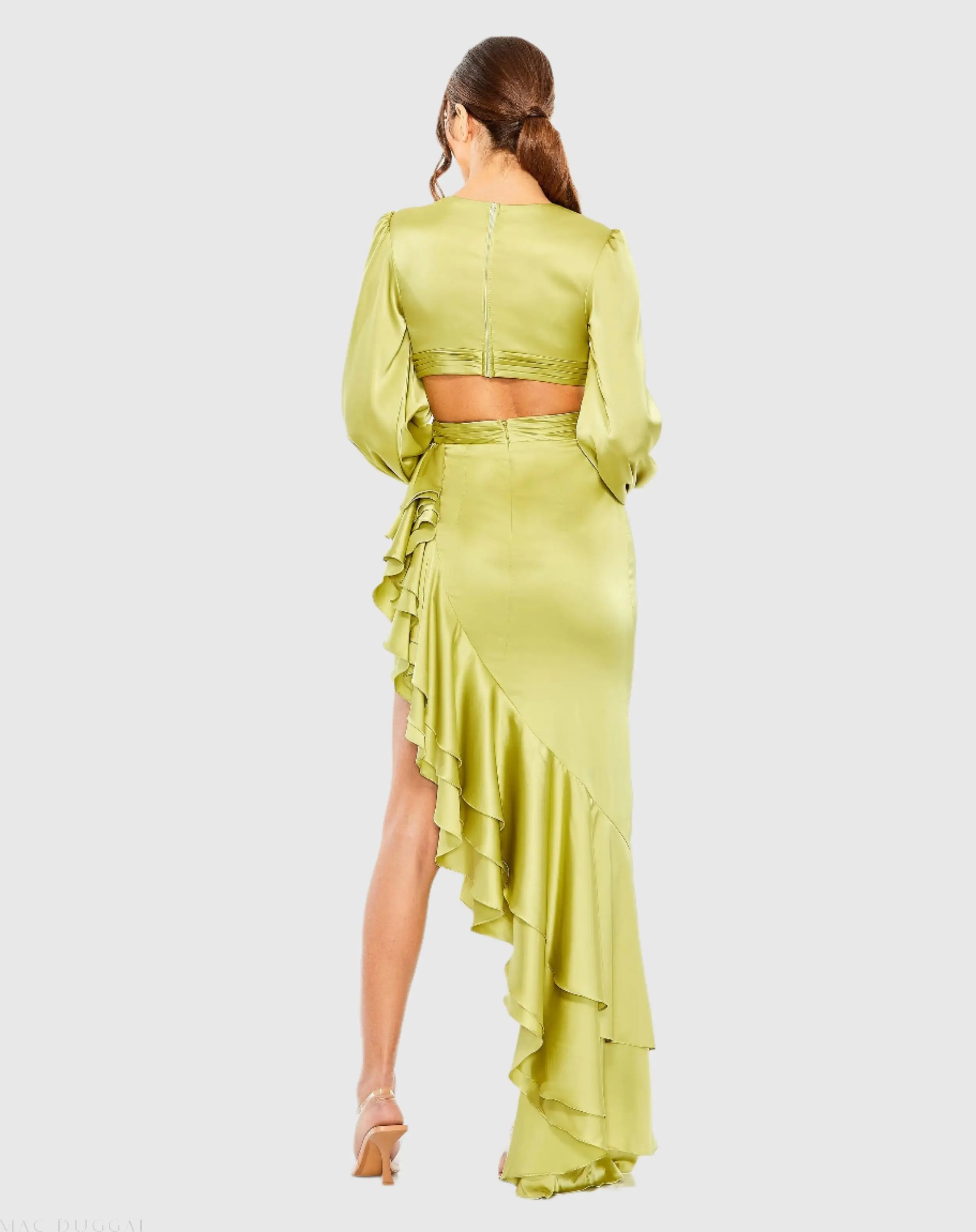 Green Cut Out Asymmetrical Ruffled Gown - Image 3