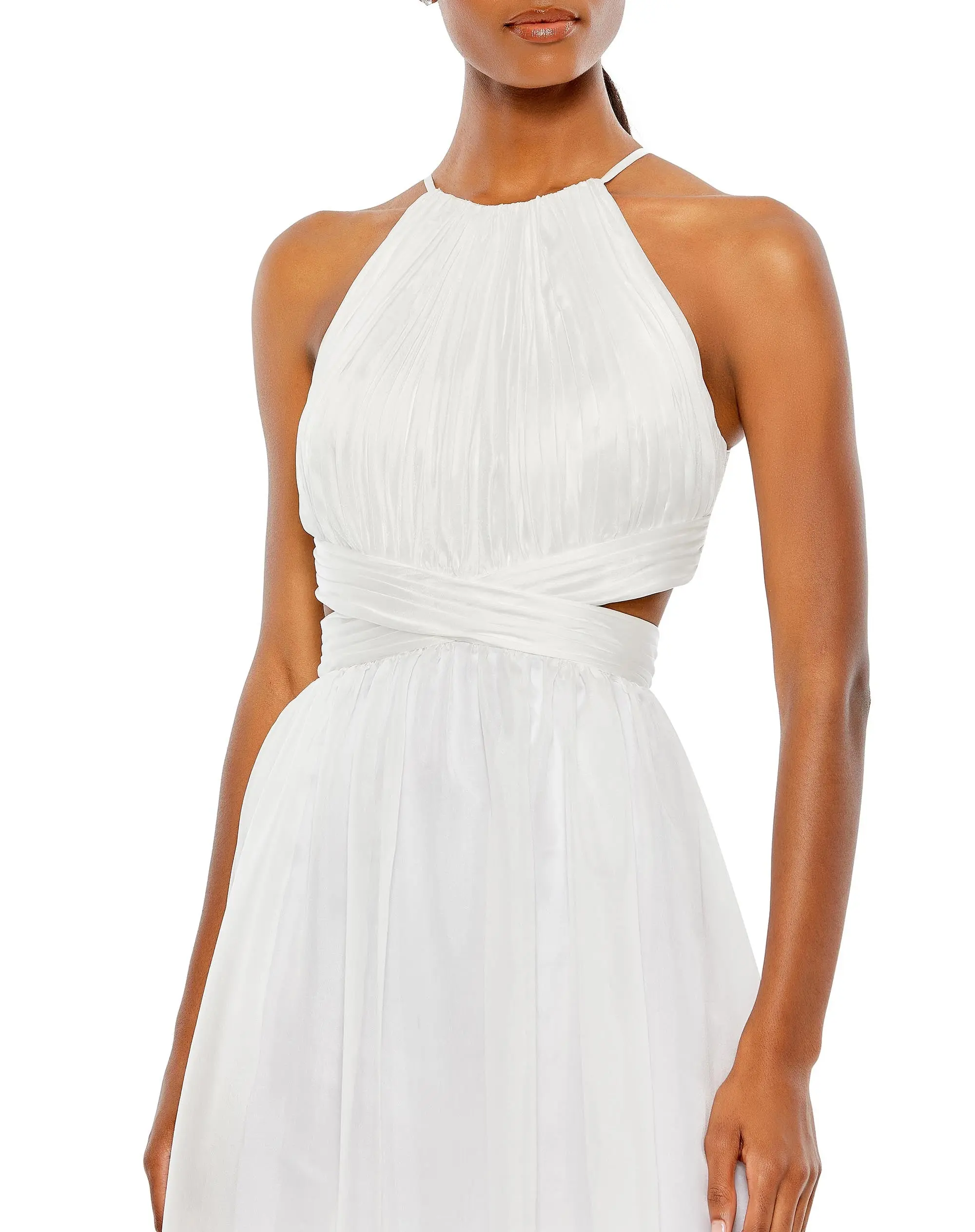 White Pleated Criss Cross Cut-Out Halter Neck Gown - Image 2
