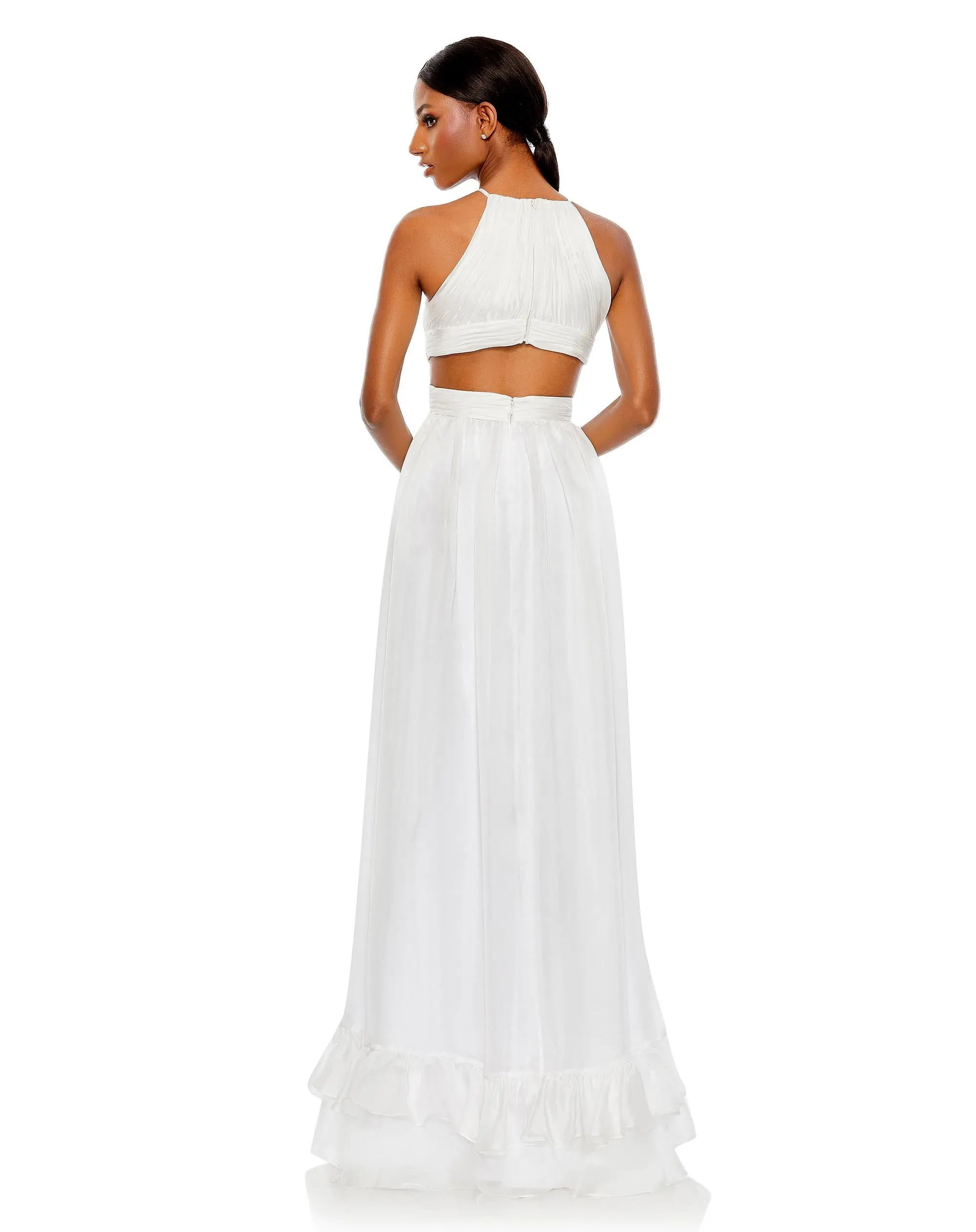 White Pleated Criss Cross Cut-Out Halter Neck Gown - Image 4