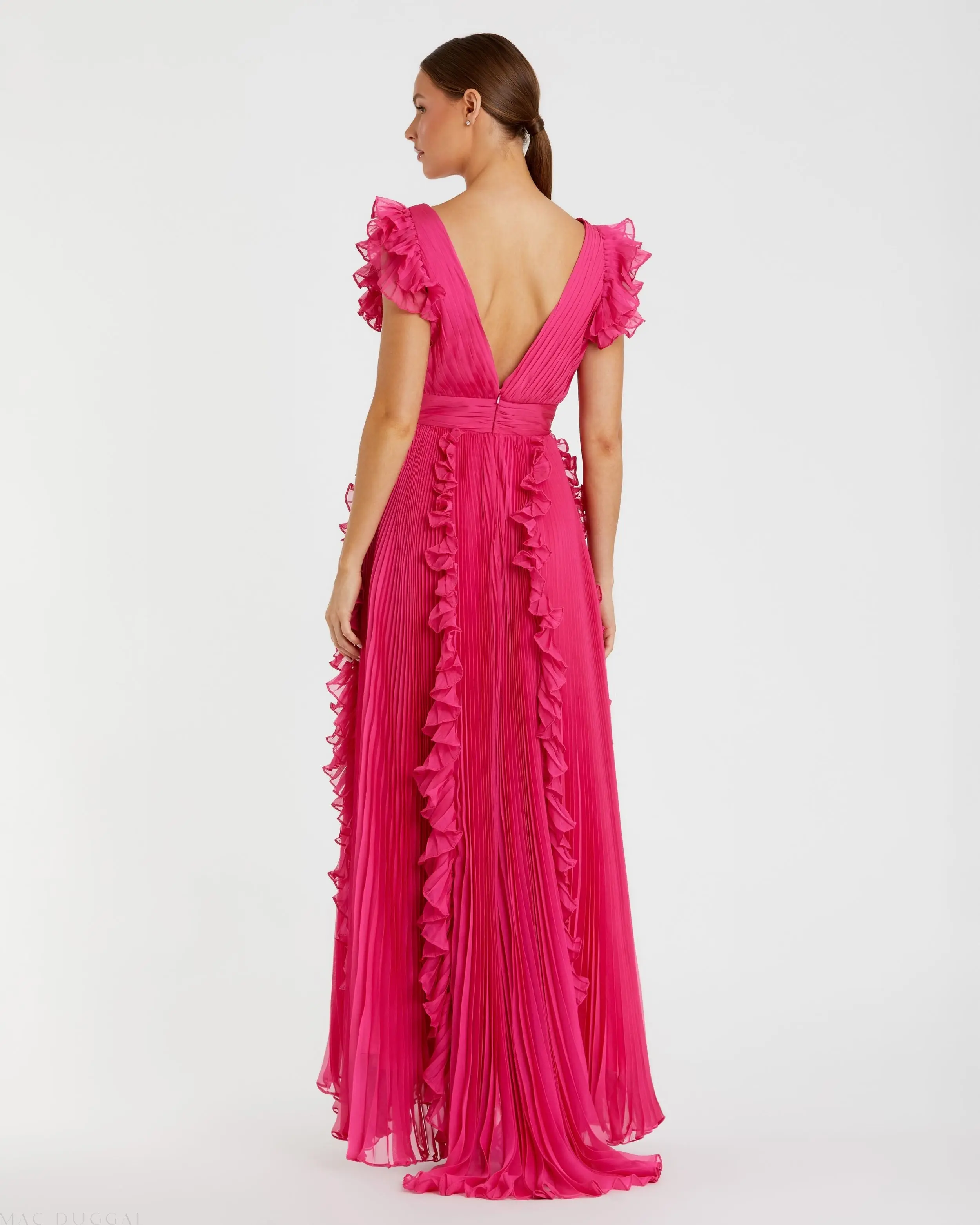 Pink Pleated Ruffle Cap Sleeve Flowy A Line Gown - Image 3