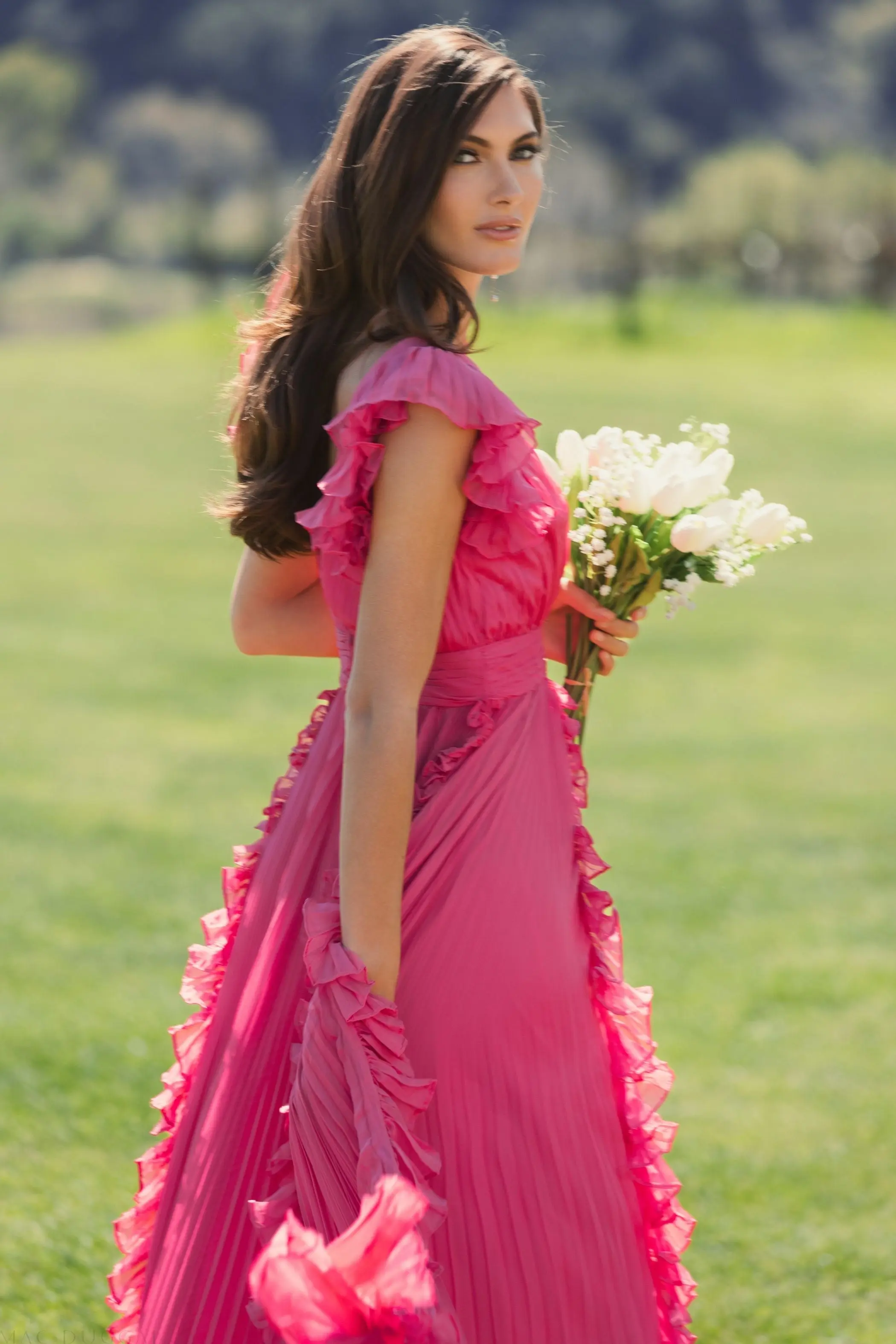 Pink Pleated Ruffle Cap Sleeve Flowy A Line Gown - Image 5
