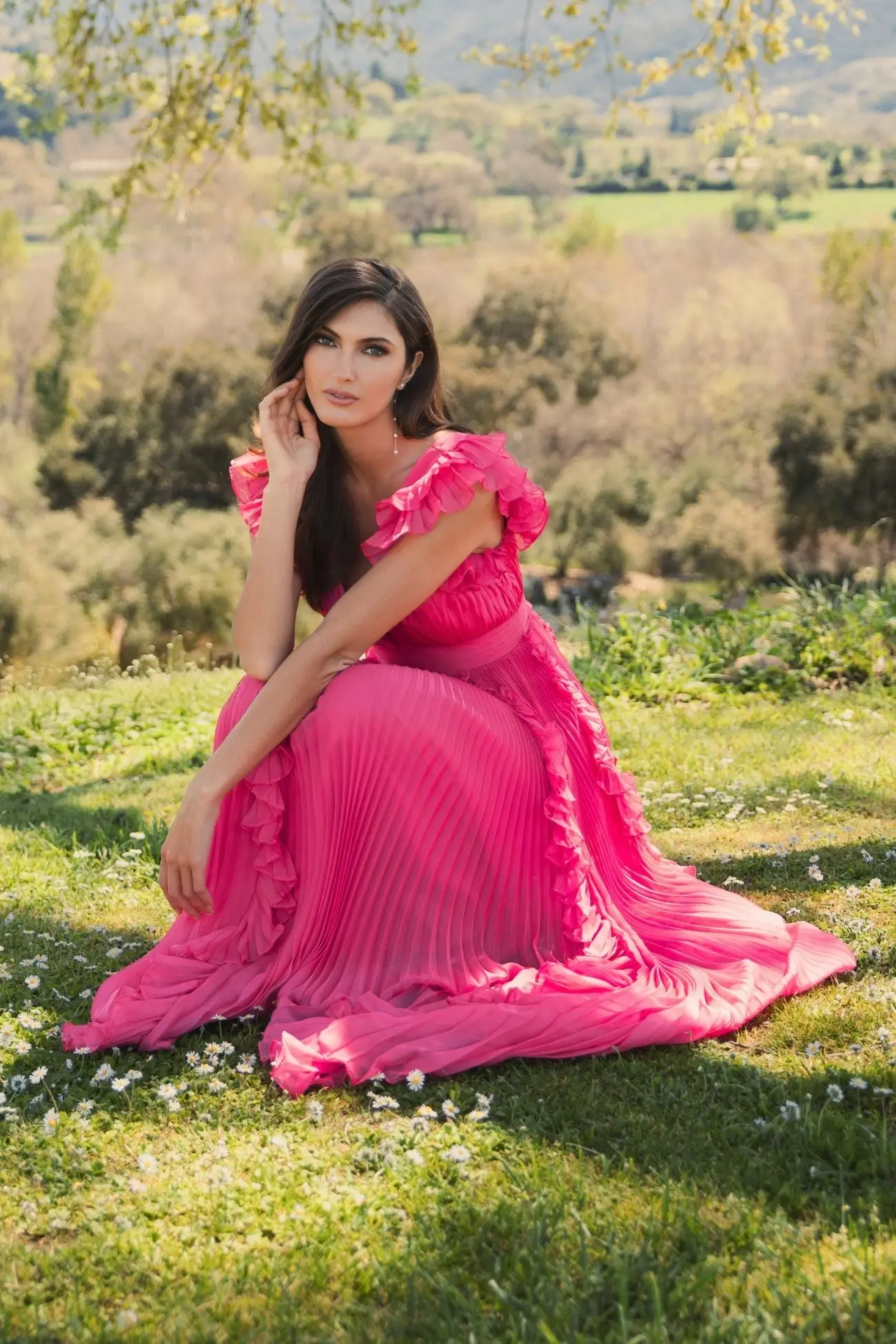 Pink Pleated Ruffle Cap Sleeve Flowy A Line Gown - Image 6