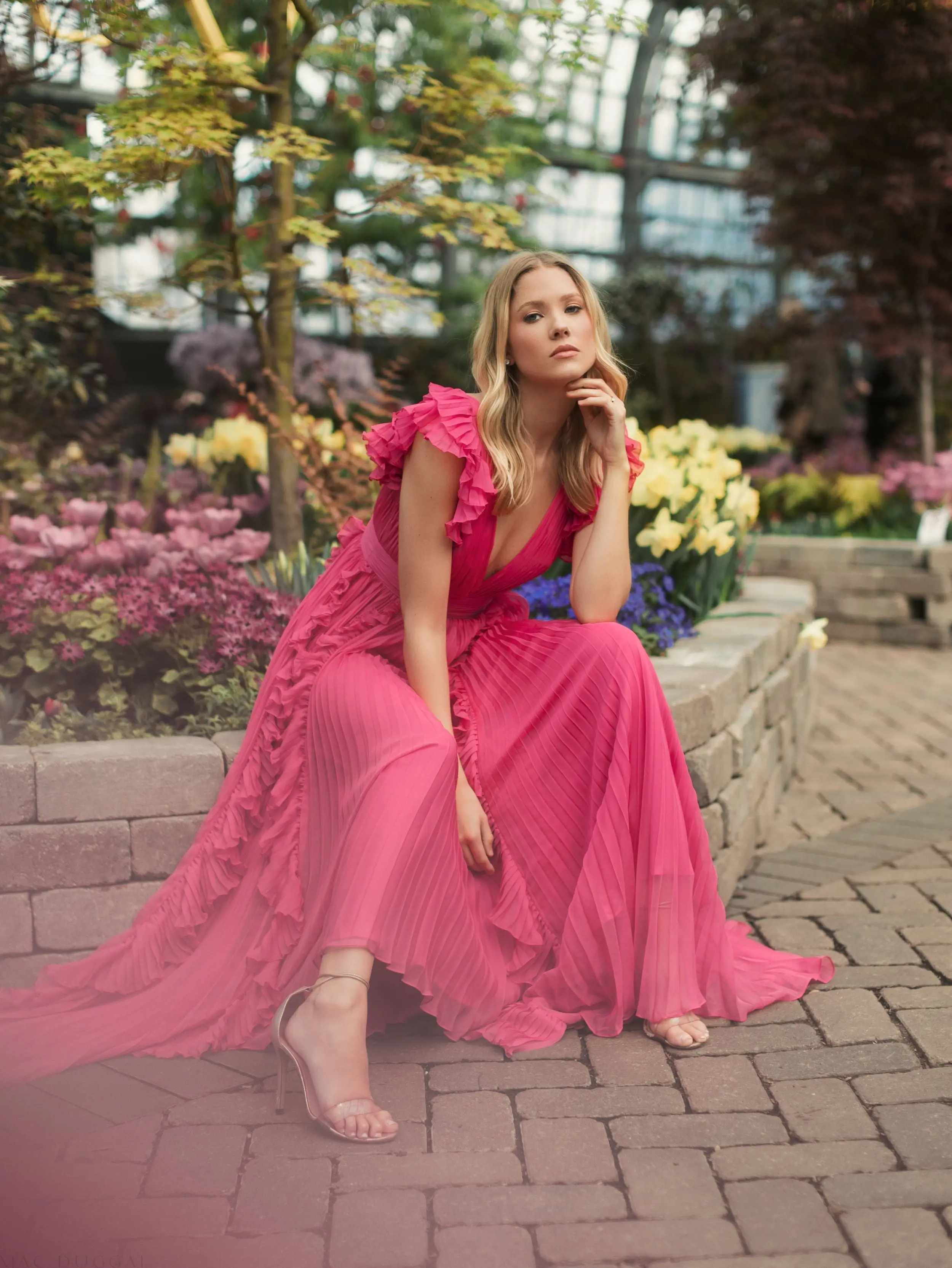Pink Pleated Ruffle Cap Sleeve Flowy A Line Gown - Image 8
