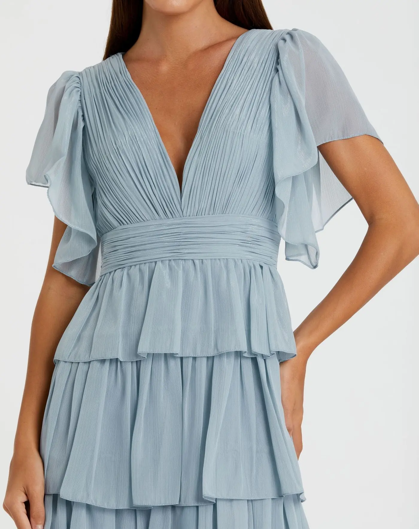 Blue Flutter Sleeve Ruffle Tiered Gown - Image 2