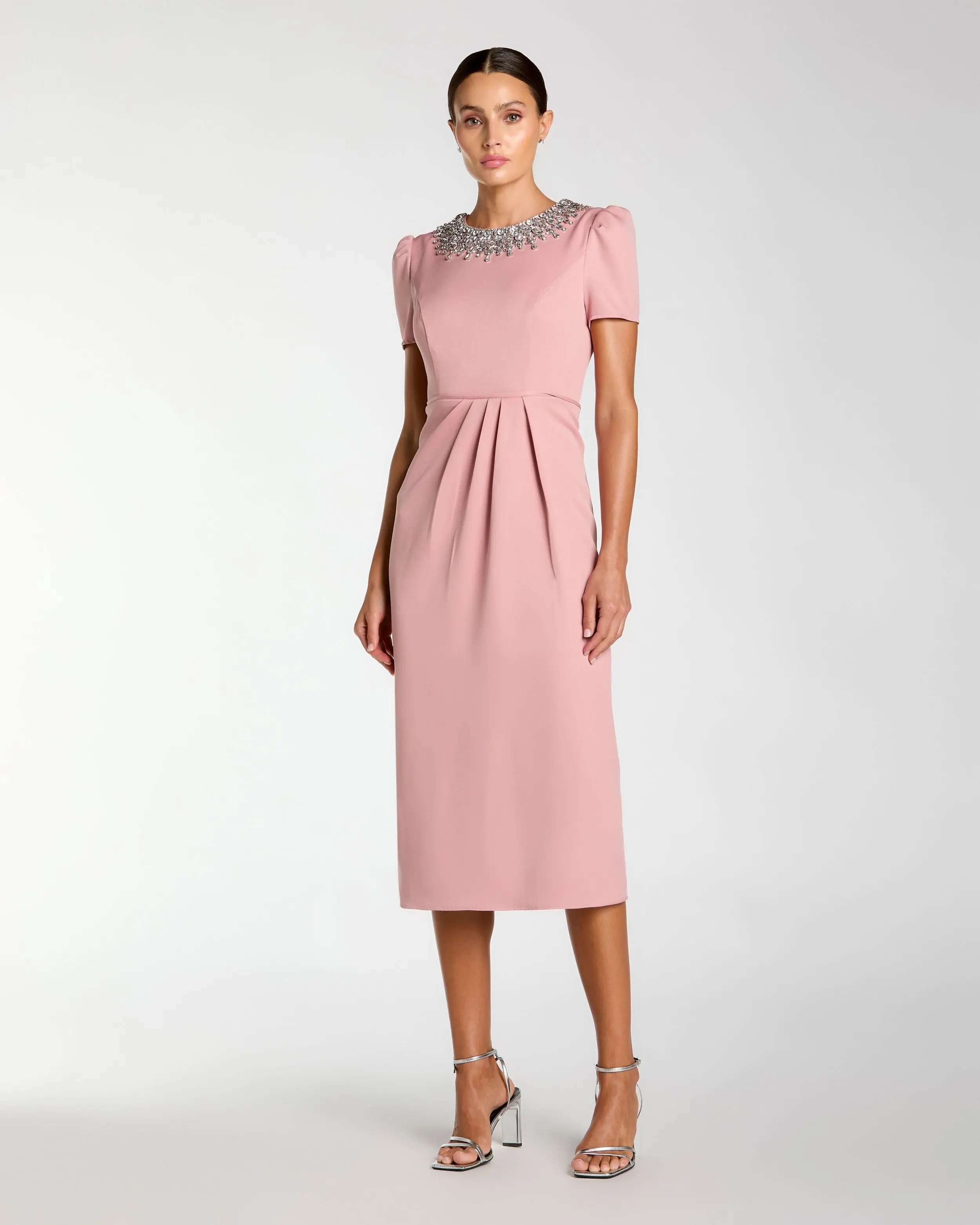 Pink Short Sleeve Rhinestone Neckline Sheath Dress