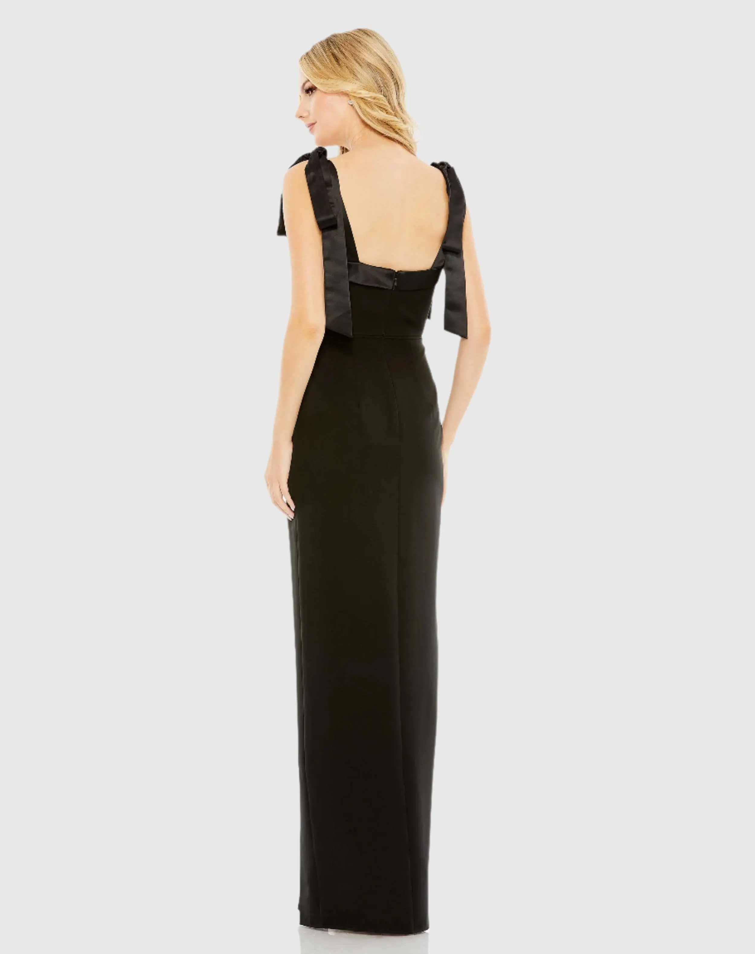 Black Square Neck Tie Strap Slit Gown - Image 3