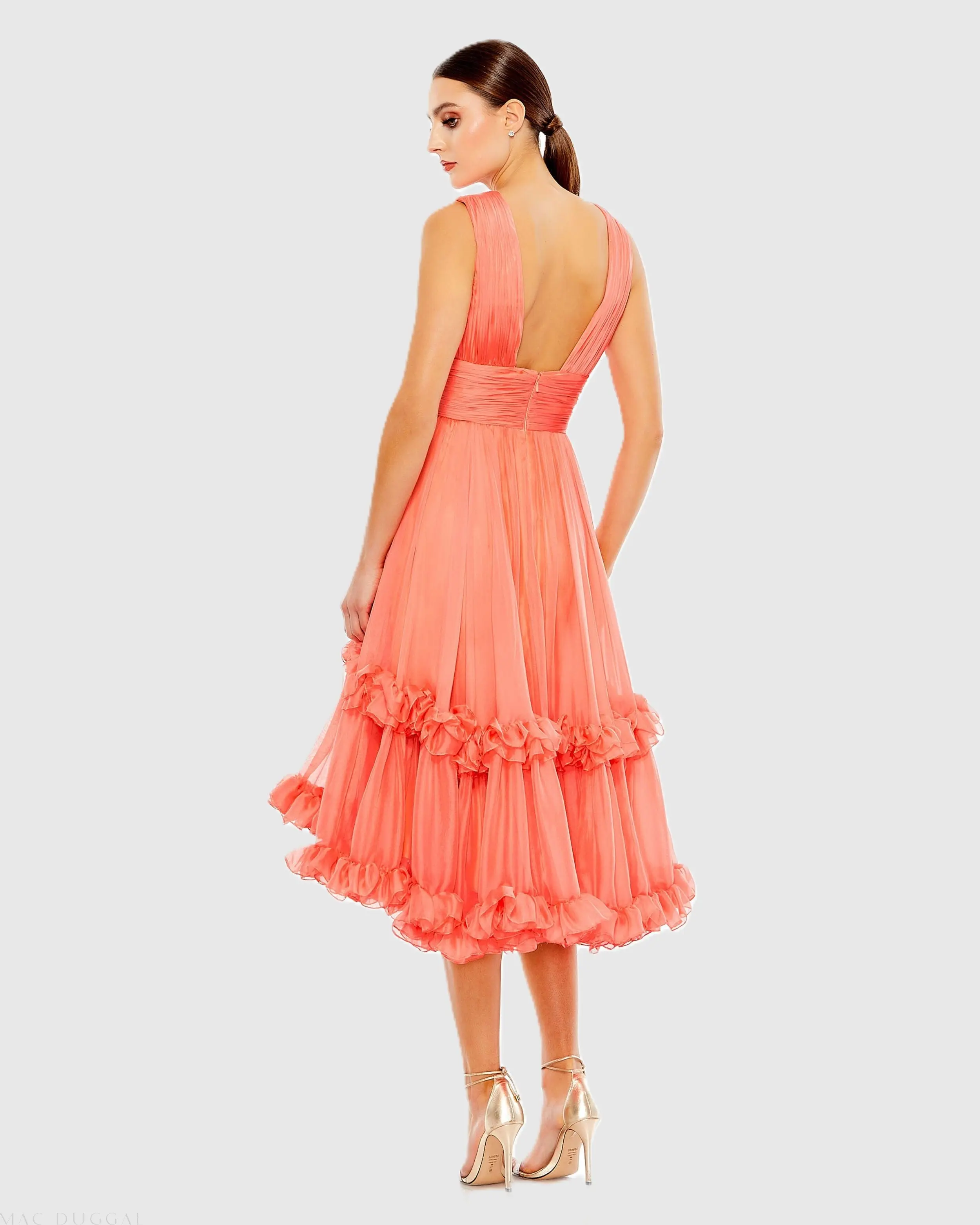 Orange V-Neck Sleeveless Tiered Ruffle Midi Dress - Image 3