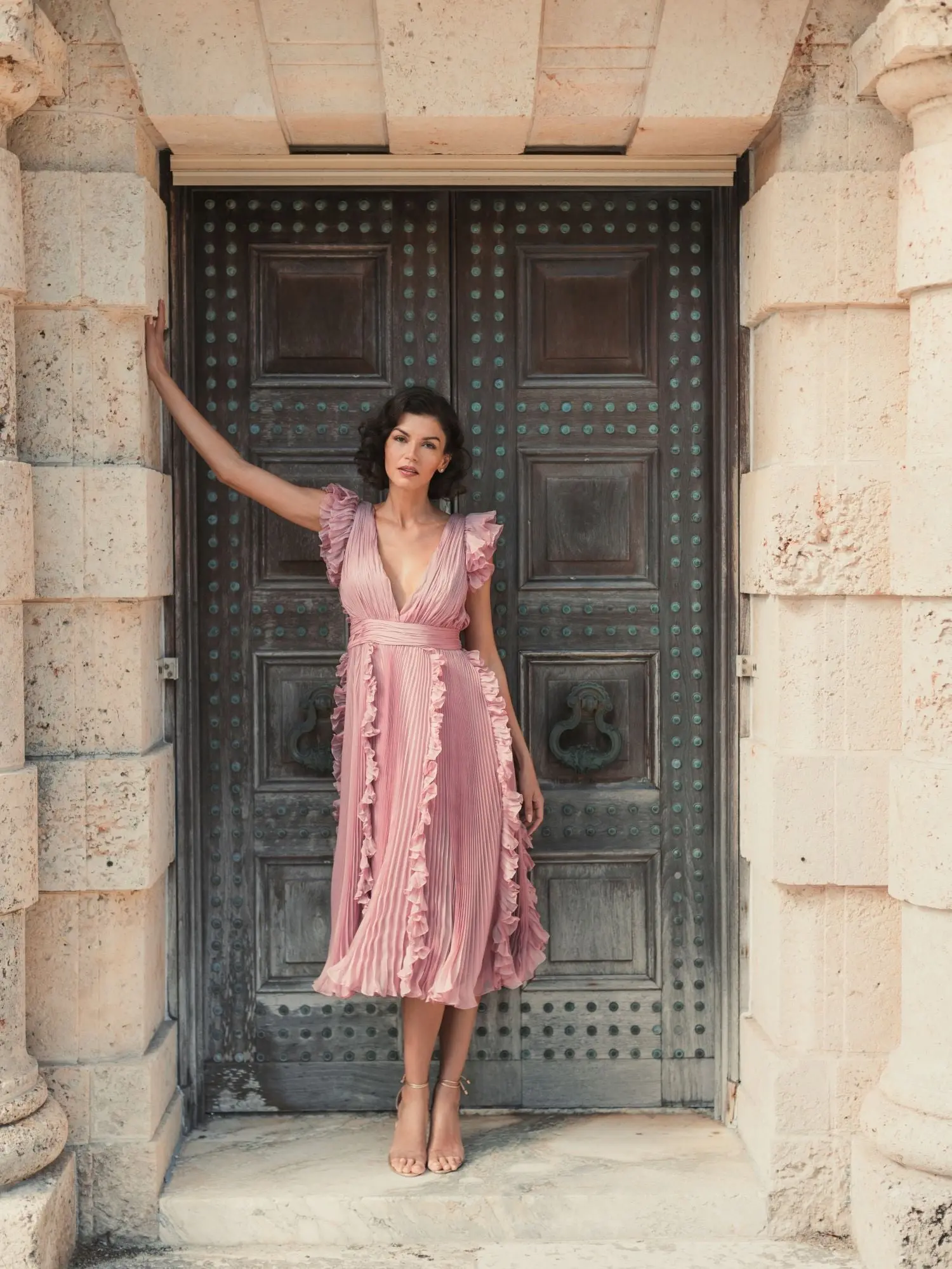 Pink Pleated Chiffon V Neck Ruffle Midi Dress - Image 4