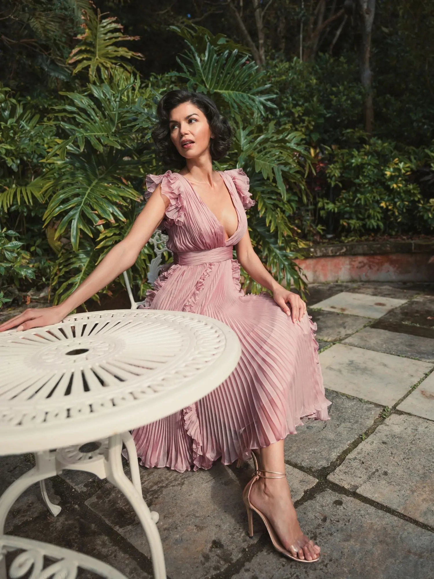 Pink Pleated Chiffon V Neck Ruffle Midi Dress - Image 7