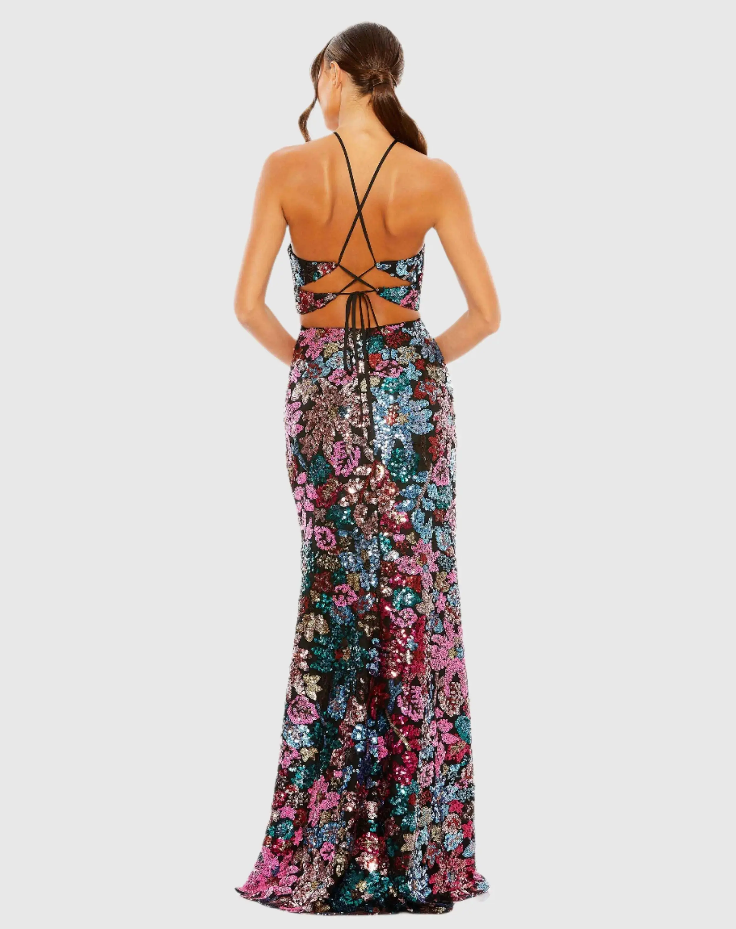 Black Sequin Embellished Cross Neck Gown - Image 2