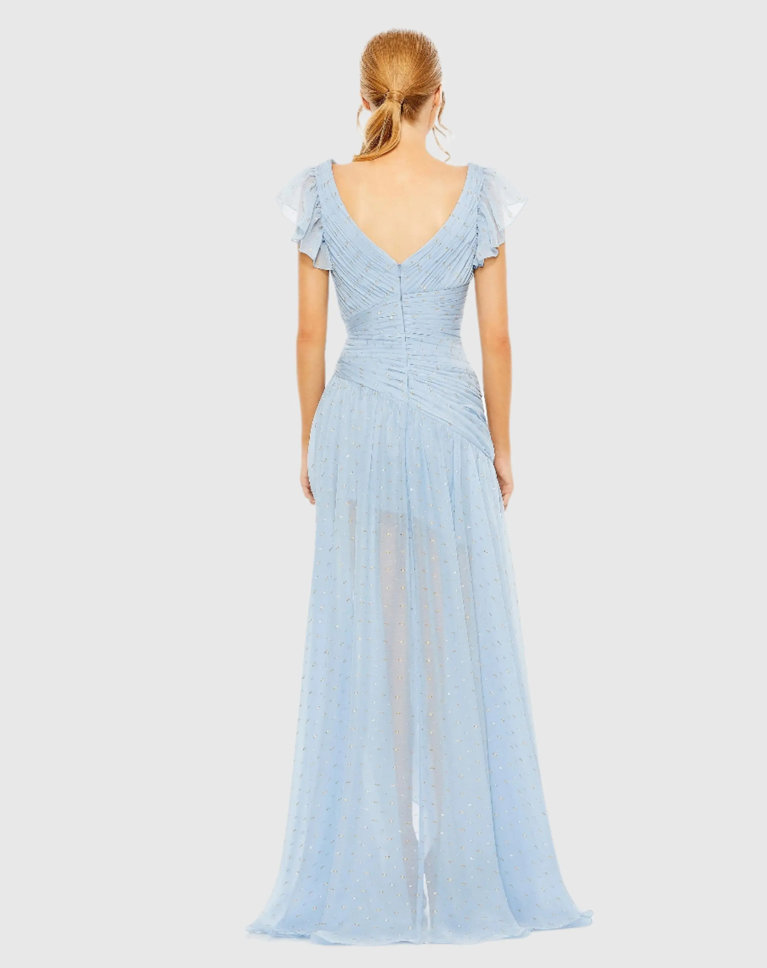 Blue Asymmetrical Ruched Gown With Flutter Sleeves - Image 3
