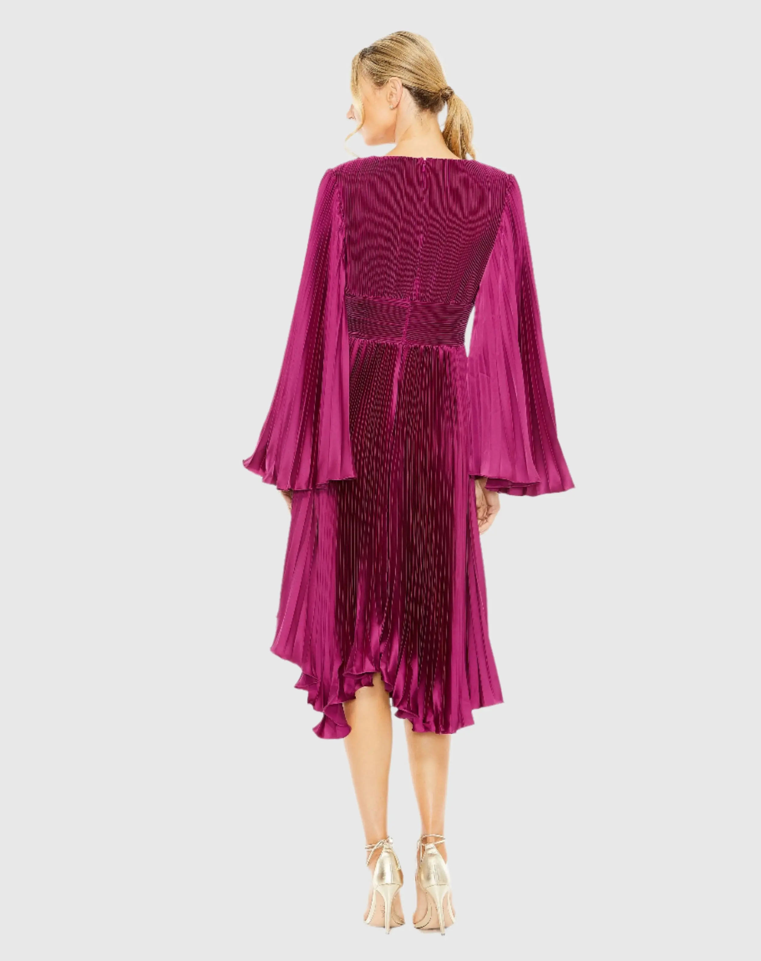 Purple Long Flare Sleeve Pleated Dress - FINAL SALE - Image 3