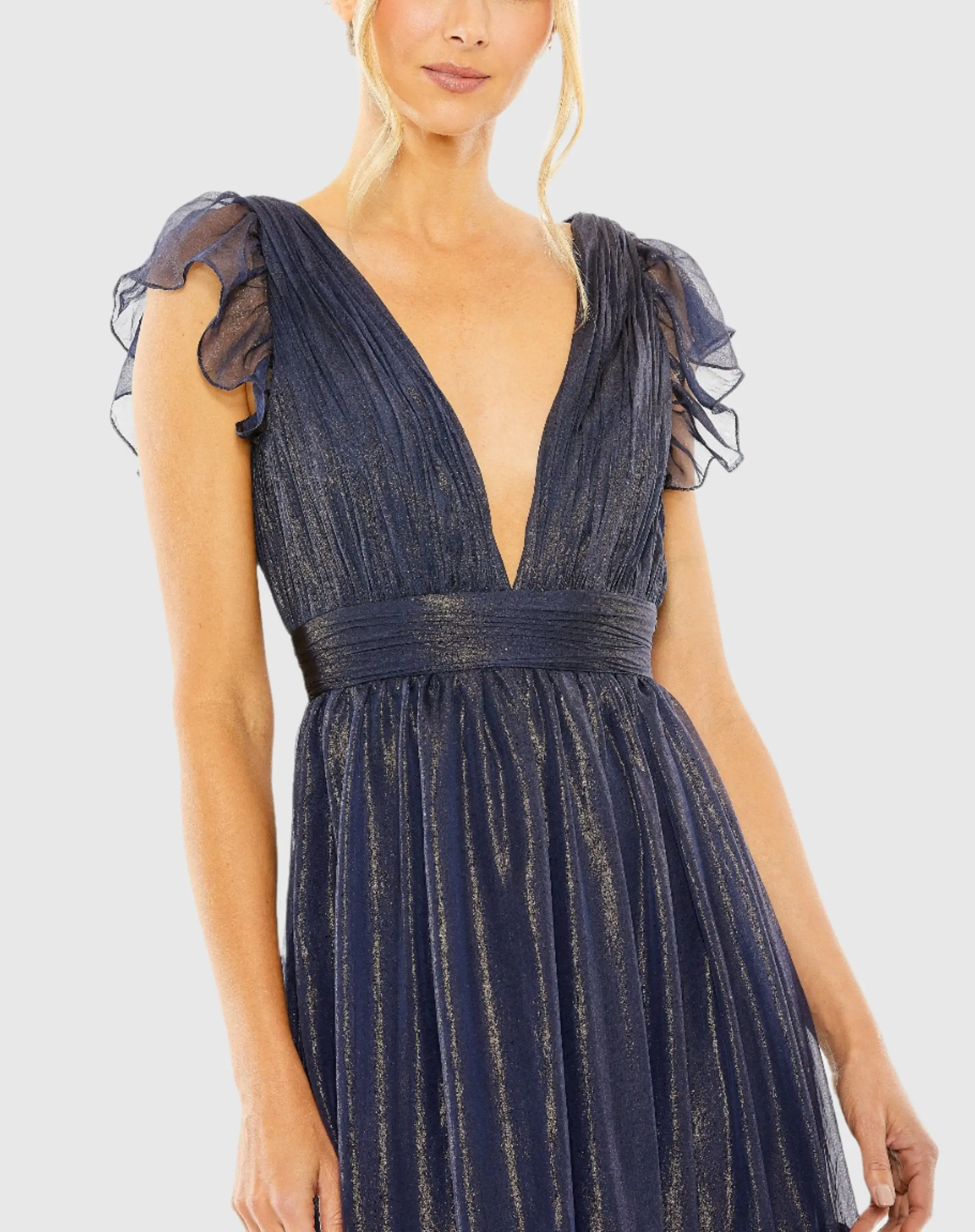Navy Ruched Top Flutter Sleeve Deep V Gown - Image 2