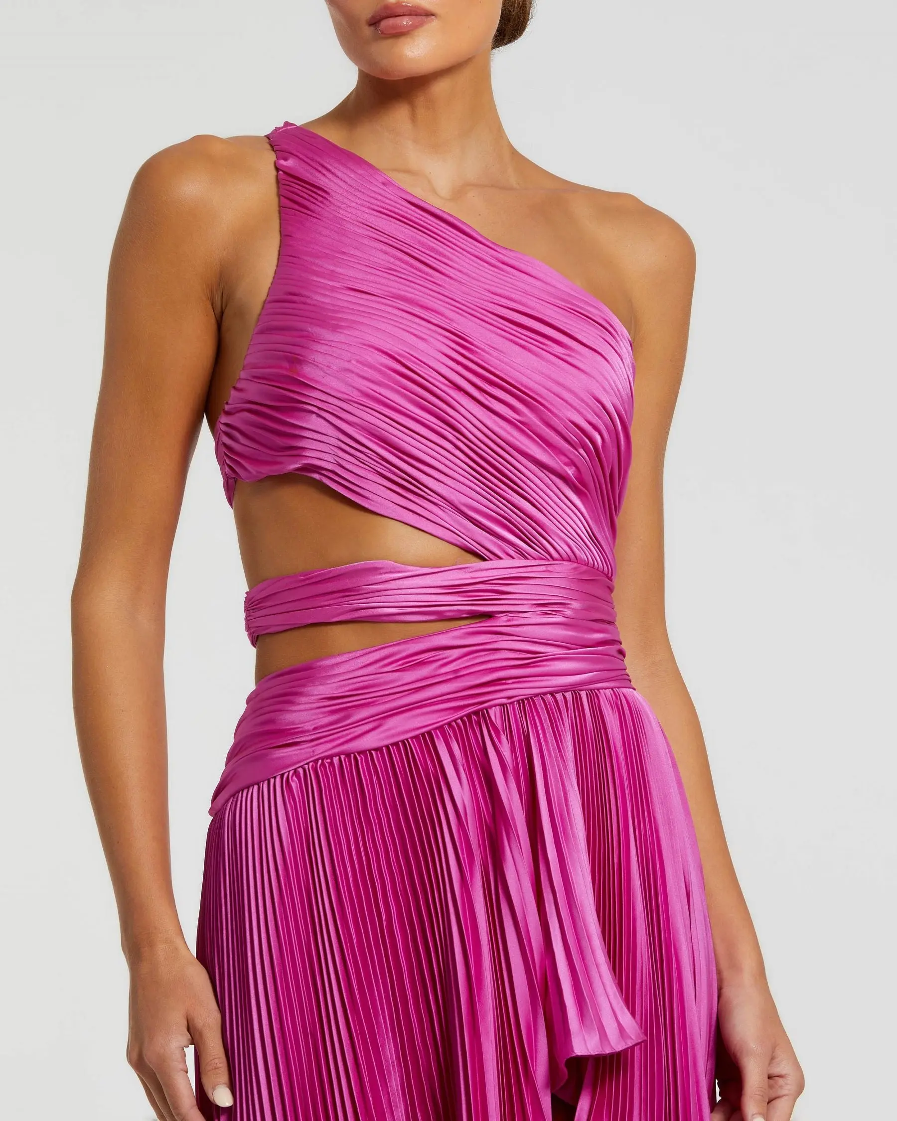 Purple One Shoulder Pleated Charmeuse Gown with Slit - Image 2