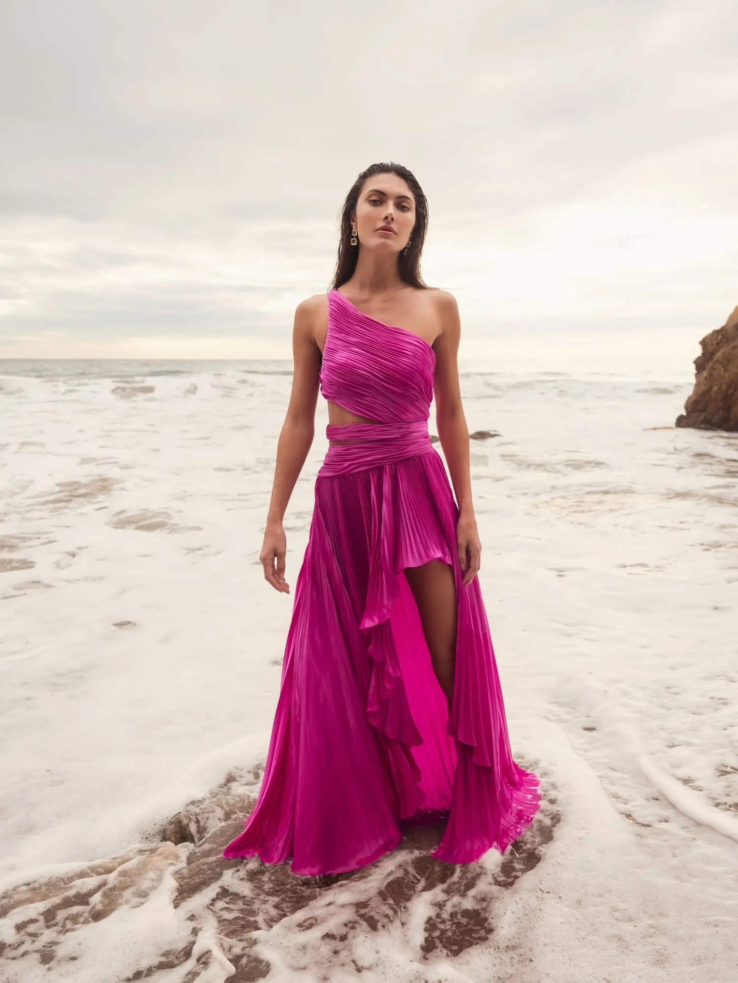 Purple One Shoulder Pleated Charmeuse Gown with Slit - Image 4