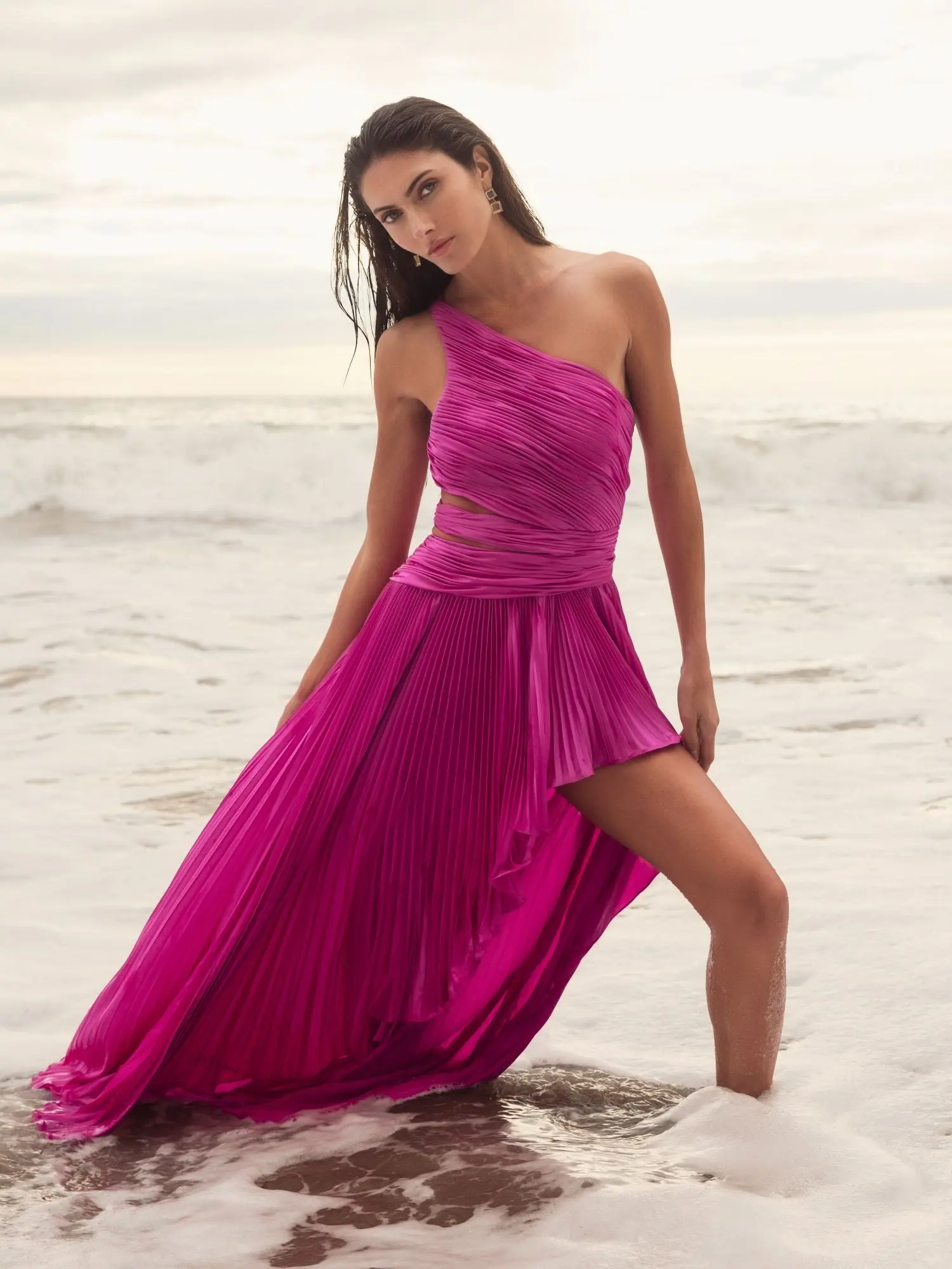 Purple One Shoulder Pleated Charmeuse Gown with Slit - Image 5