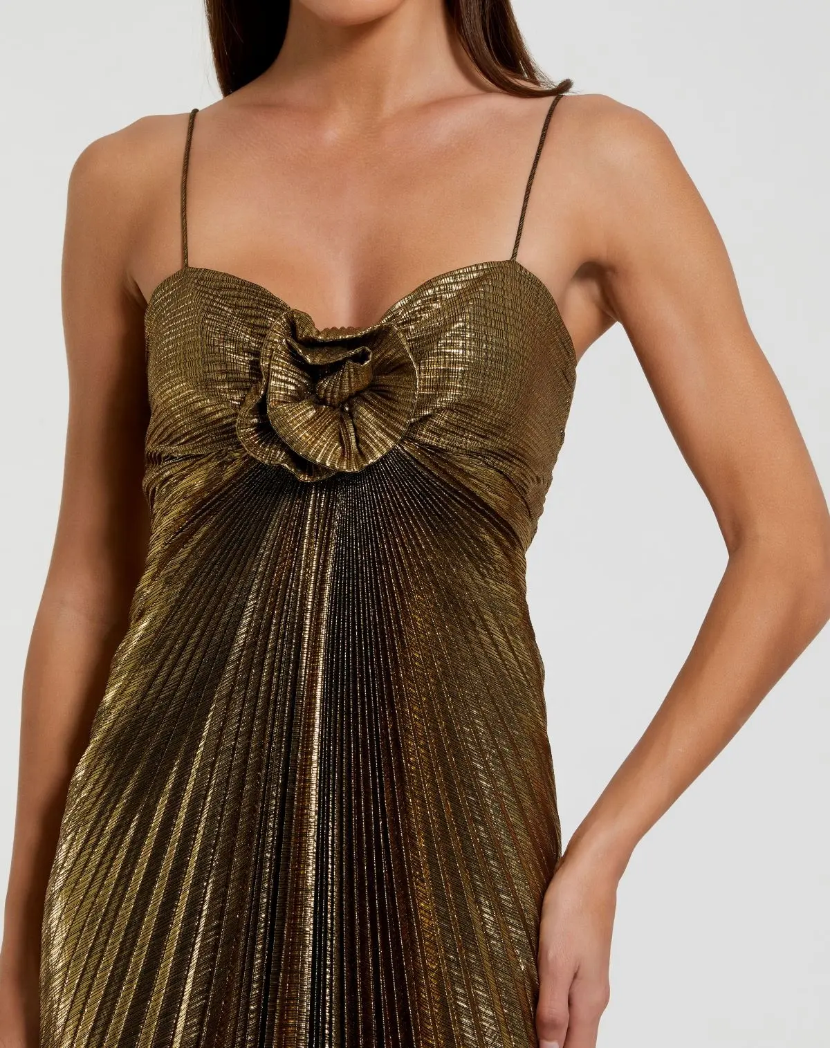 Gold Metallic Pleated Gown with 3D Flower - Image 2