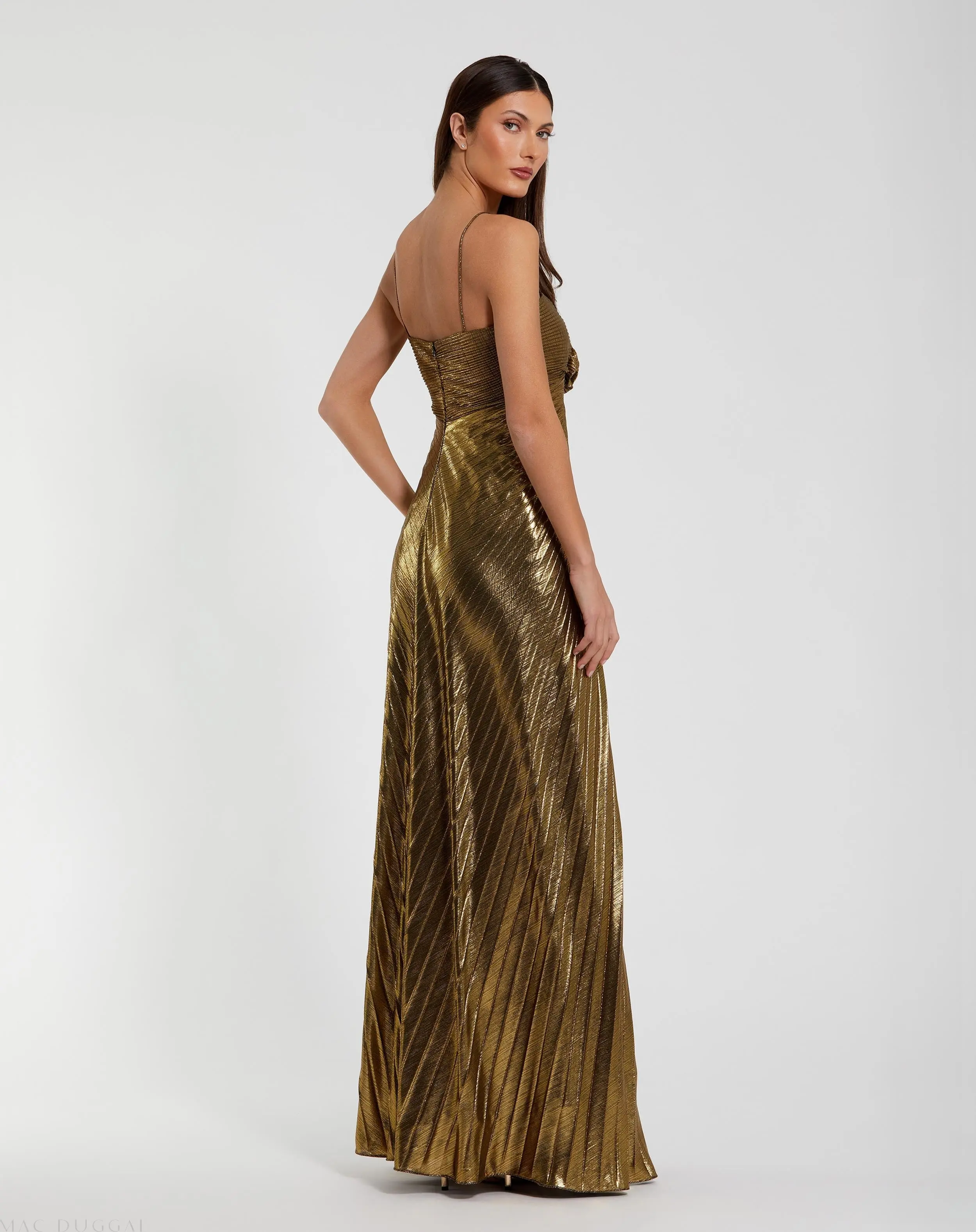 Gold Metallic Pleated Gown with 3D Flower - Image 3
