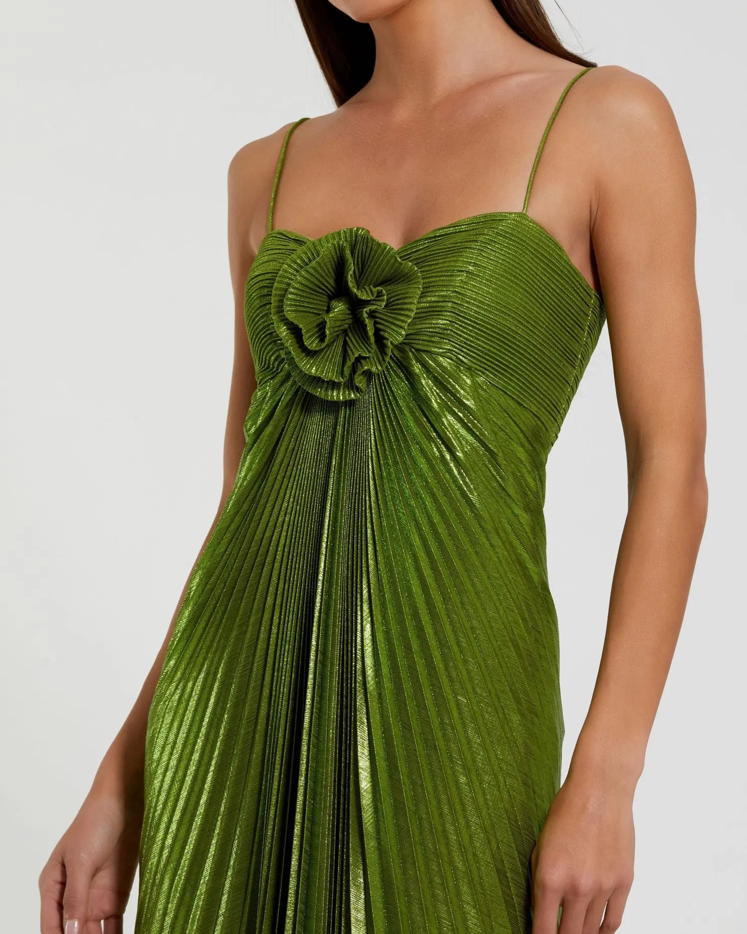 Green Metallic Pleated Gown With 3D Flower - Image 2