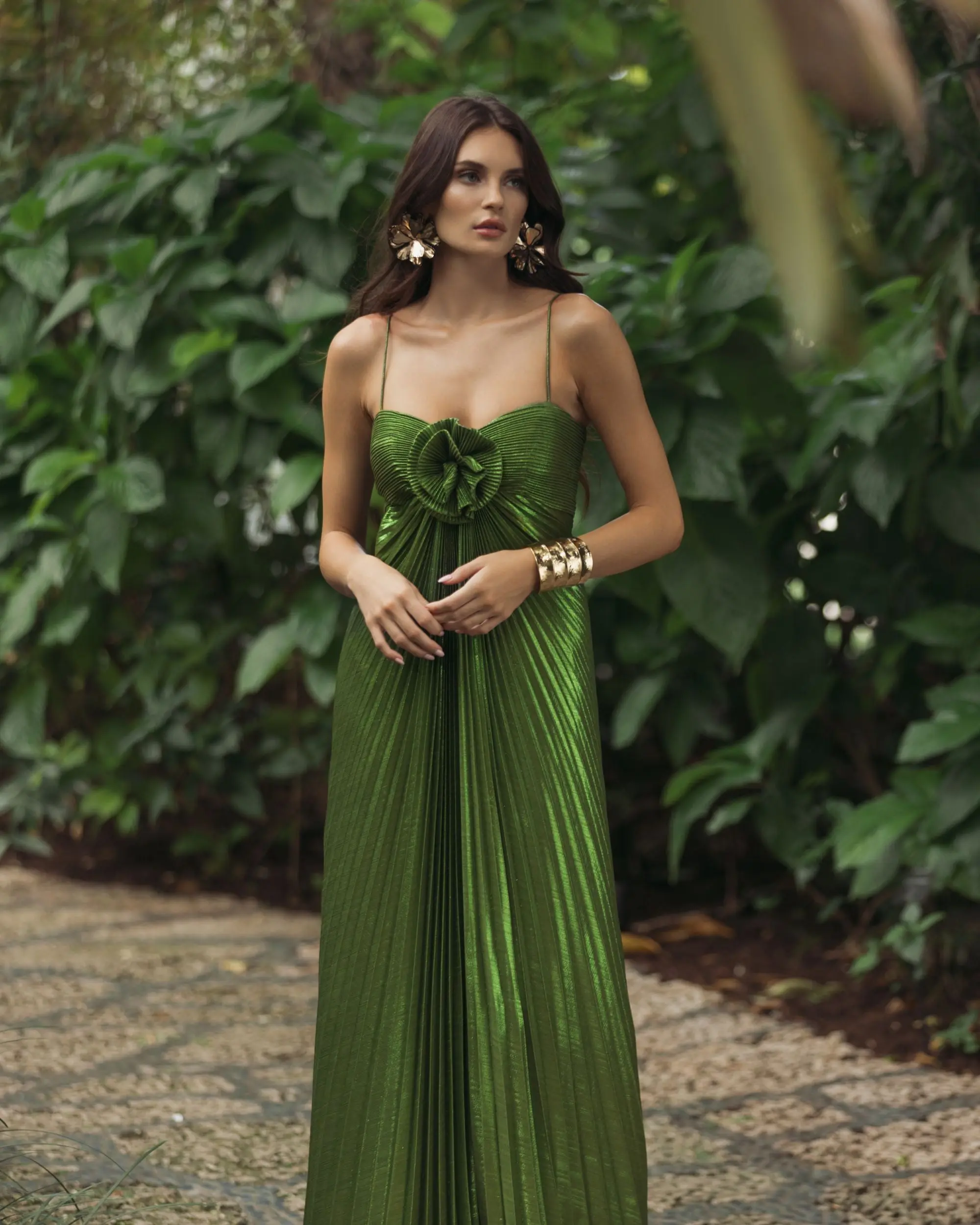 Green Metallic Pleated Gown With 3D Flower - Image 6