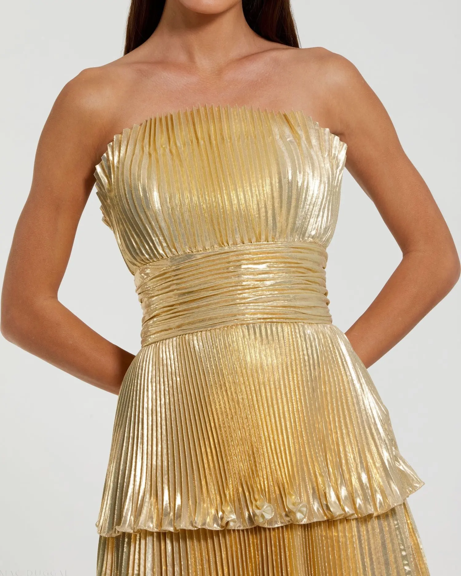 Gold Strapless Pleated Metallic Layered Ruffle Gown - Image 2