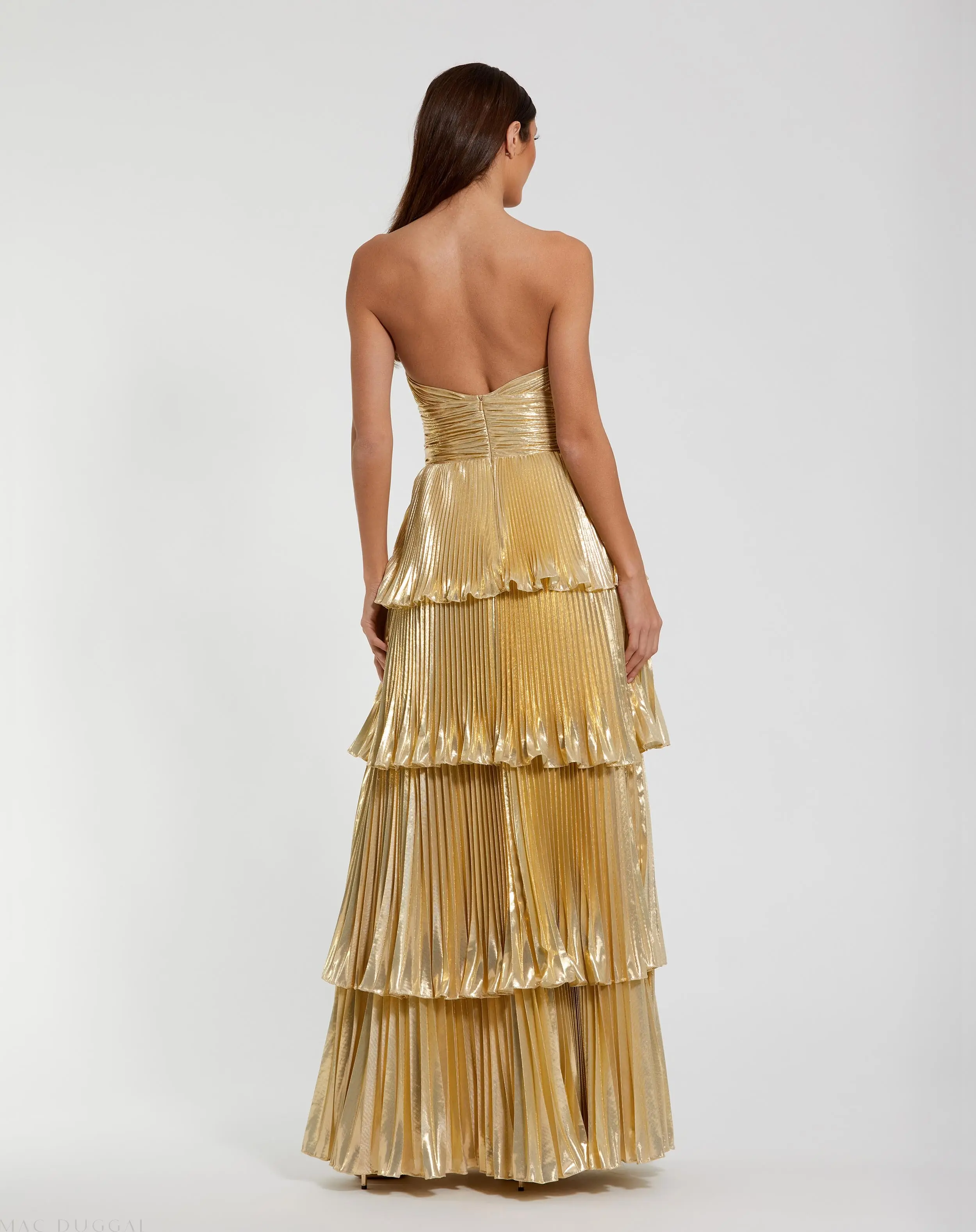 Gold Strapless Pleated Metallic Layered Ruffle Gown - Image 3