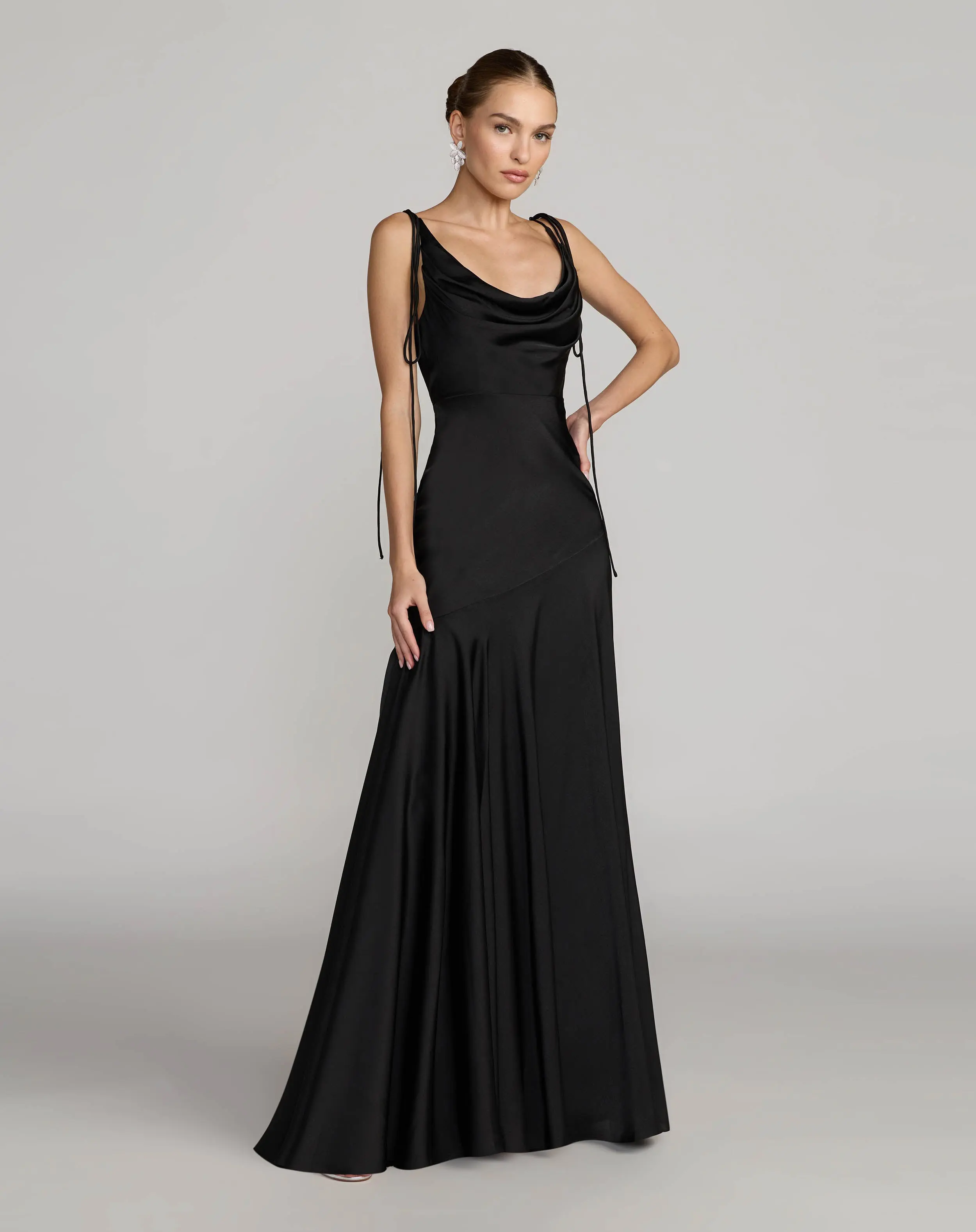 Black Charmeuse Cowl Gown With Thin Bow Straps