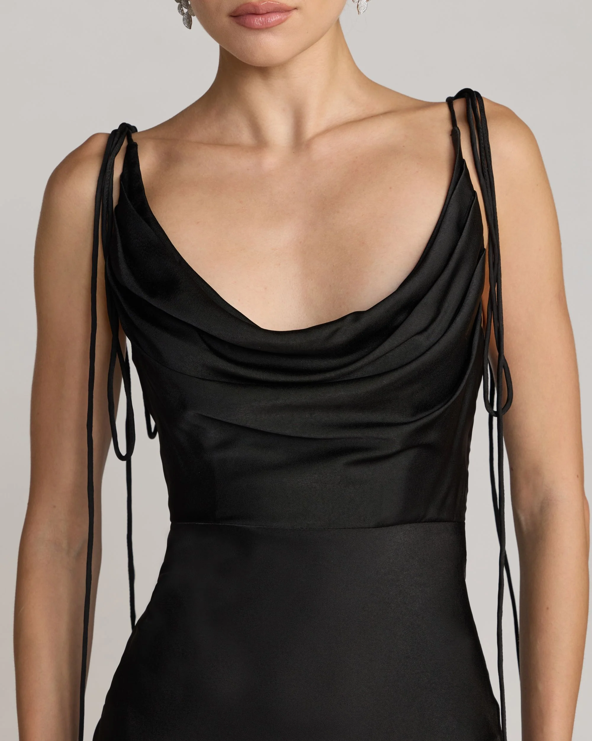 Black Charmeuse Cowl Gown With Thin Bow Straps - Image 2