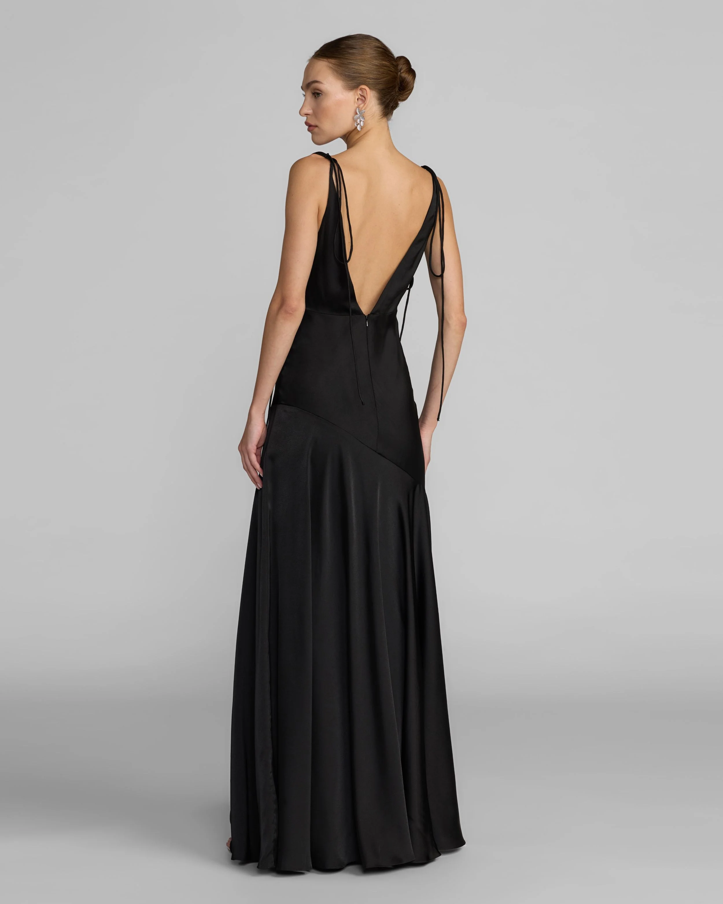 Black Charmeuse Cowl Gown With Thin Bow Straps - Image 3