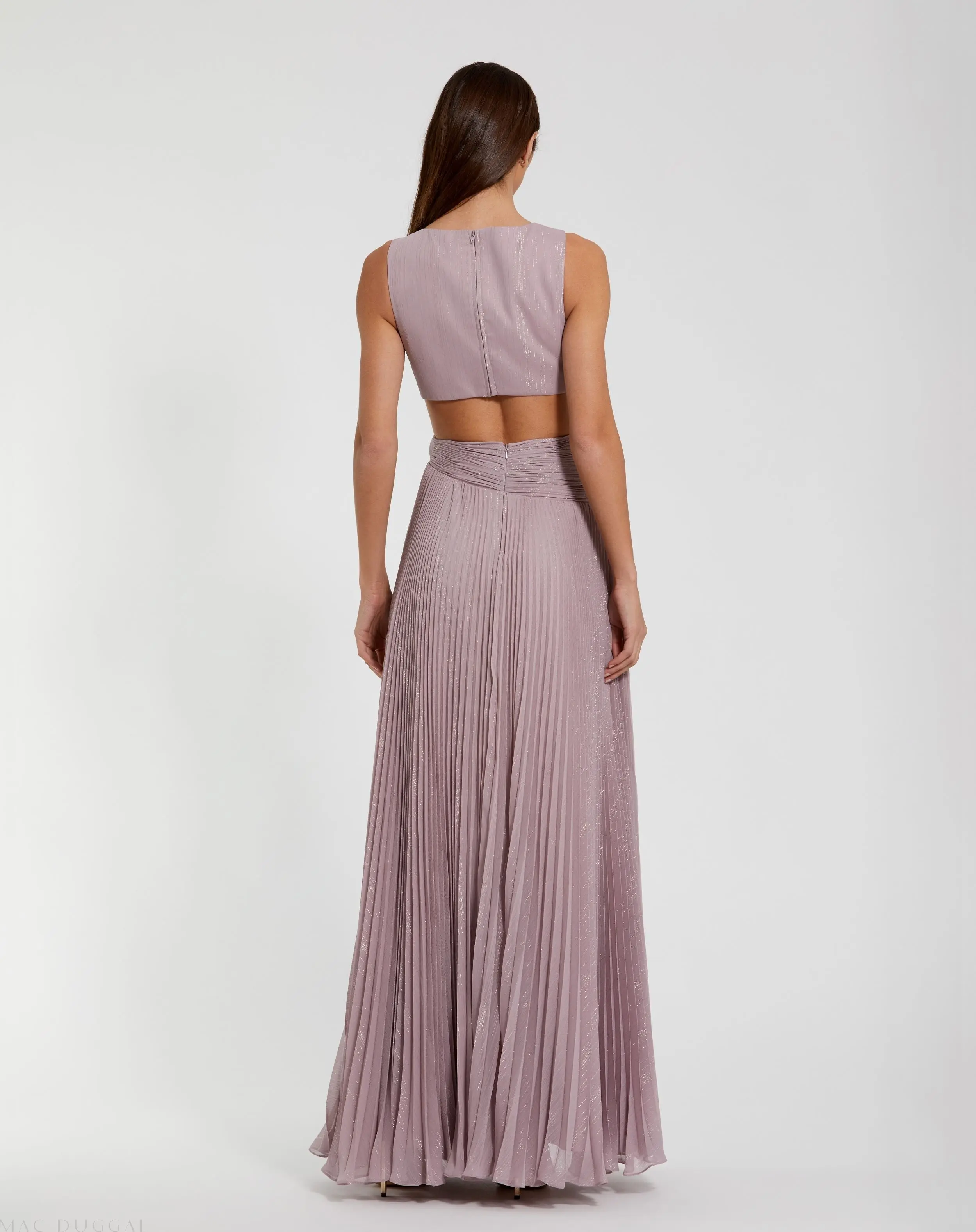 Purple Ruched Chiffon Sleeveless Gown With 3D Flower - Image 3