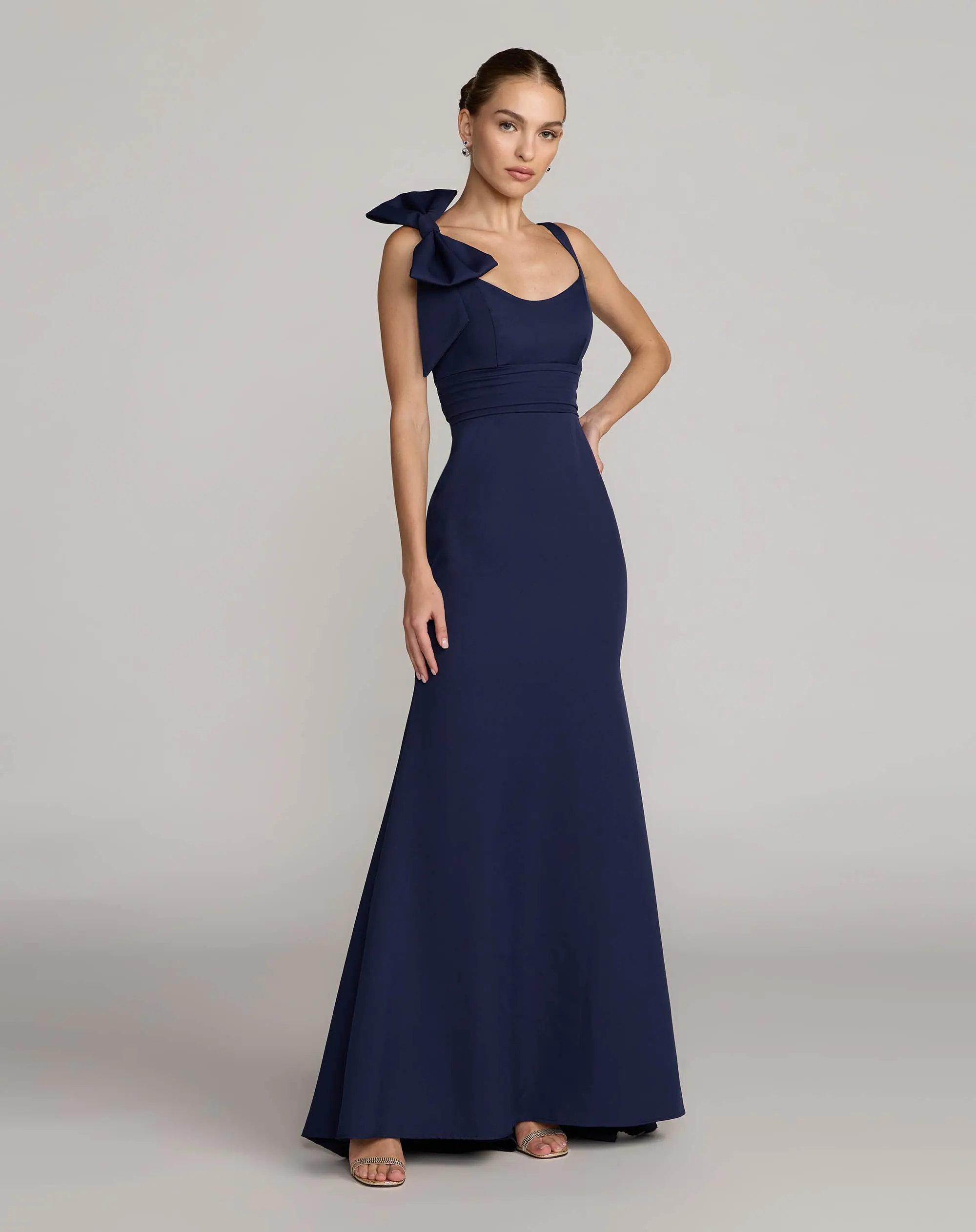Navy Scoop Neck Trumpet Gown with Bow