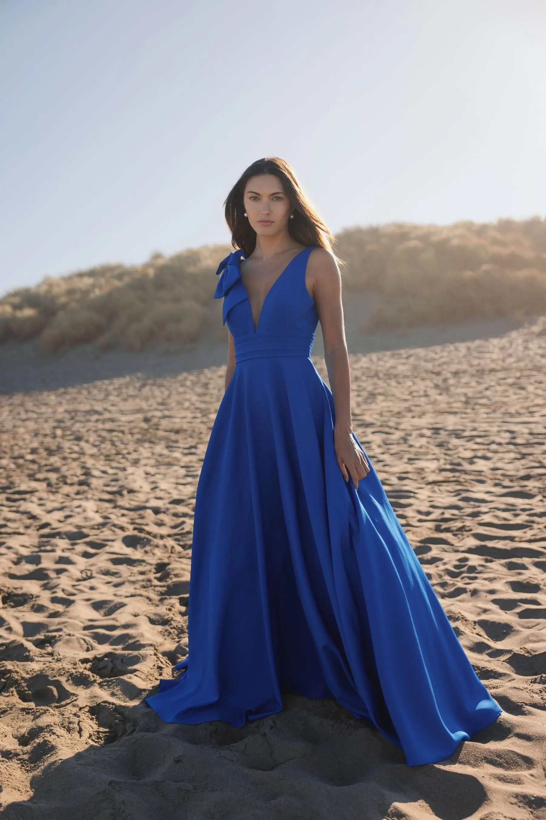 Blue Sleeveless Plunge Neck Ball Gown With Bow Detail - Image 4