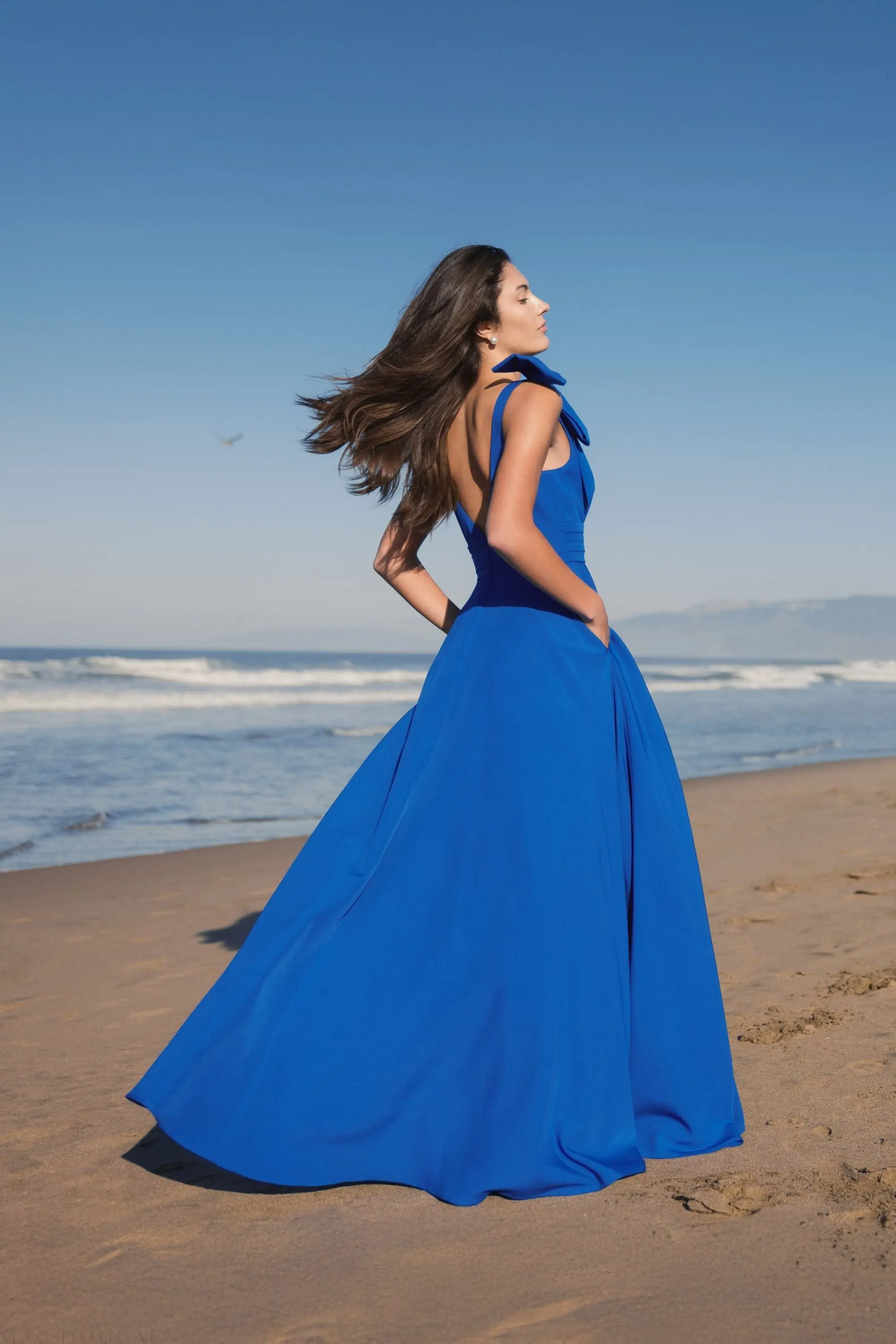 Blue Sleeveless Plunge Neck Ball Gown With Bow Detail - Image 6