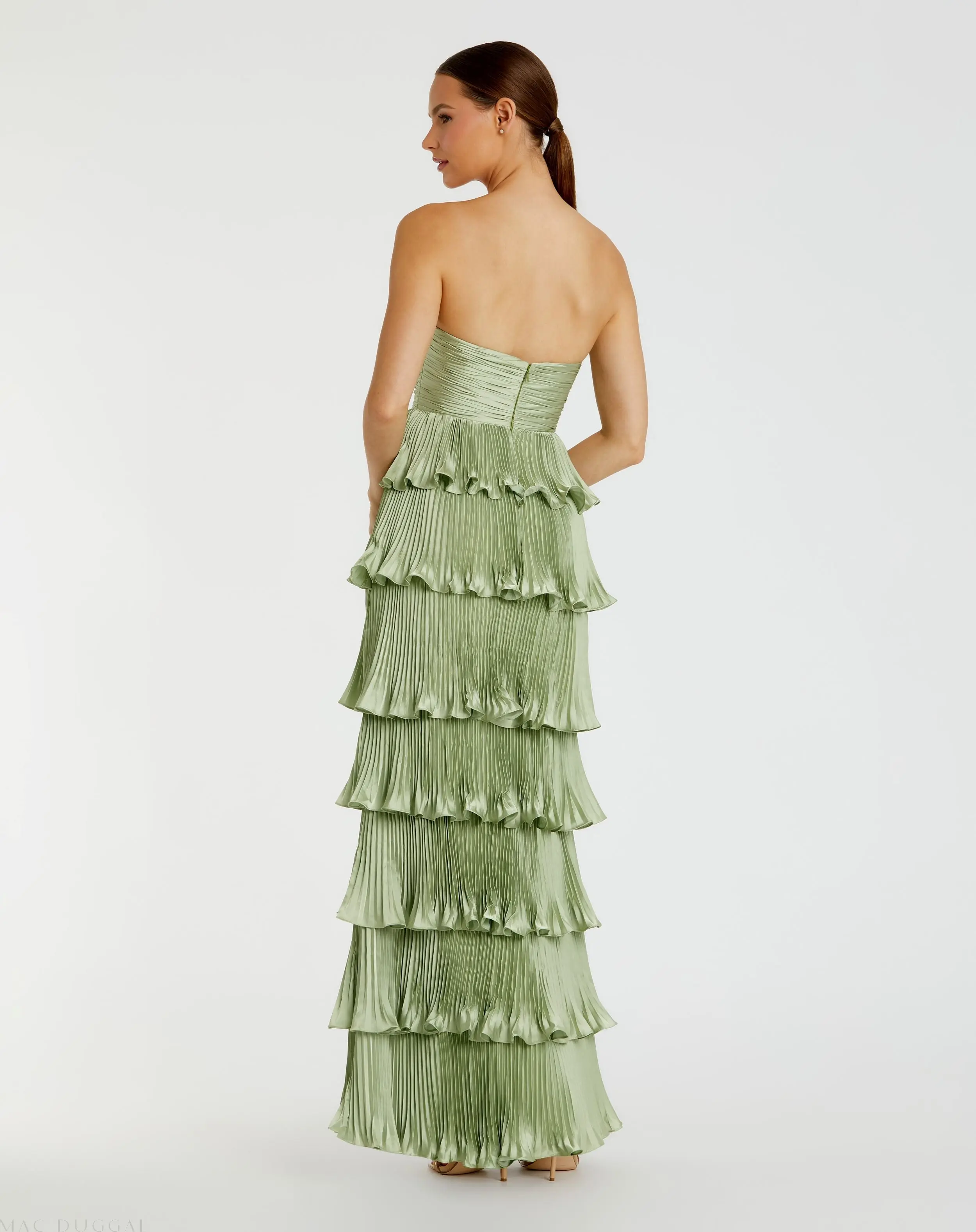 Green Pleated Charmeuse Strapless Tiered Ruffle Gown - Image 3