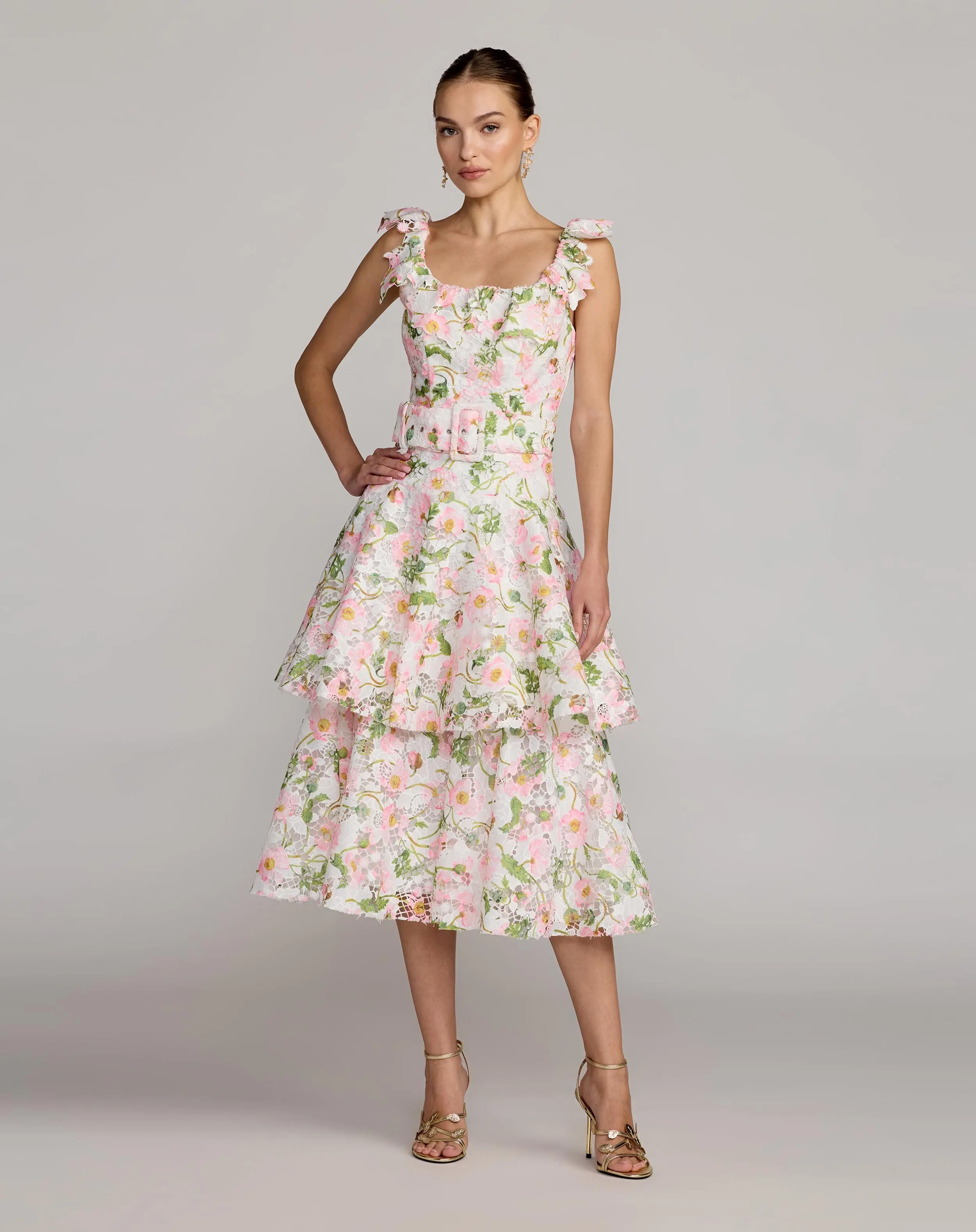 White Multicolor Floral Lace Tiered Midi Dress