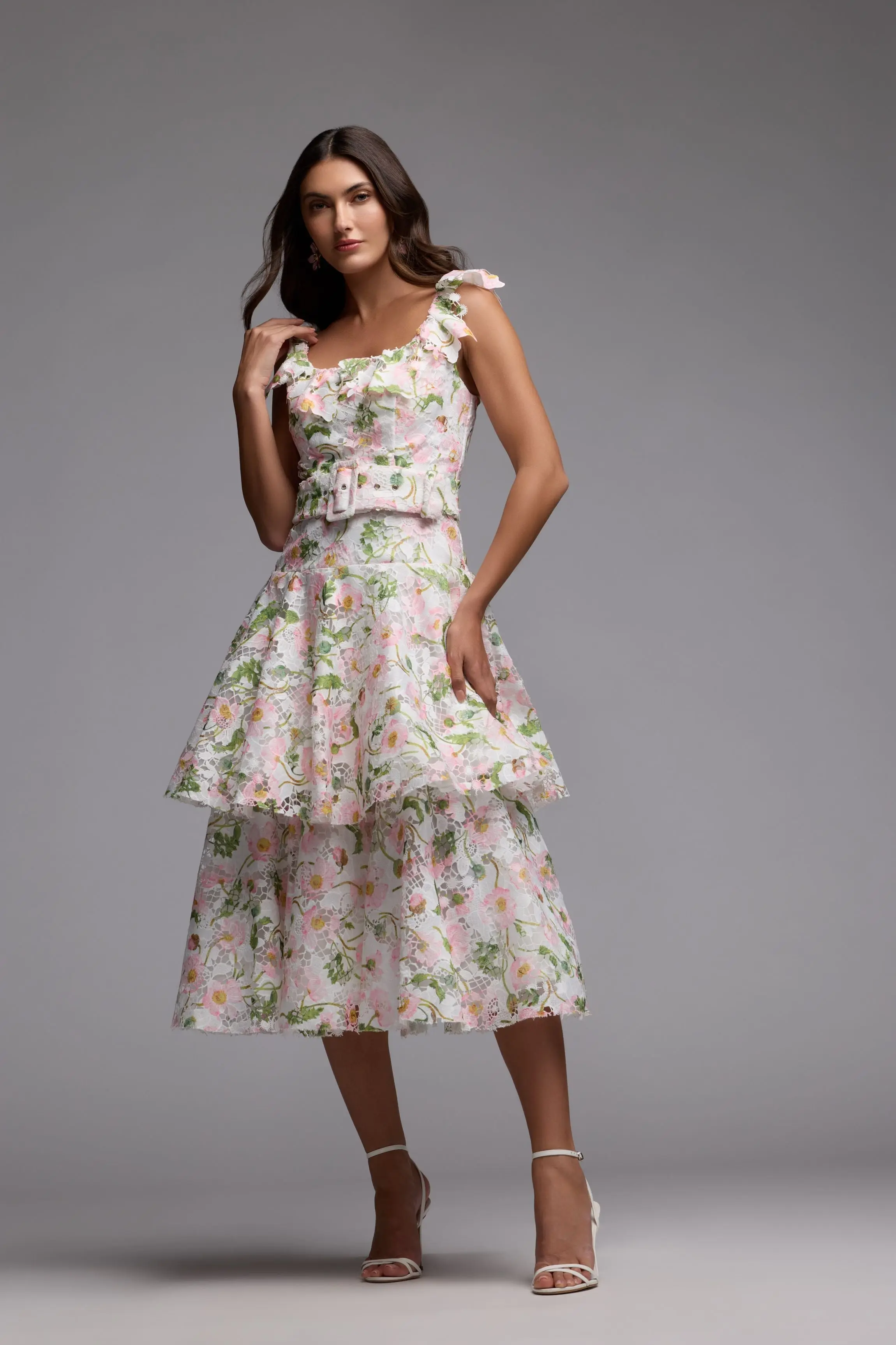 White Multicolor Floral Lace Tiered Midi Dress - Image 6