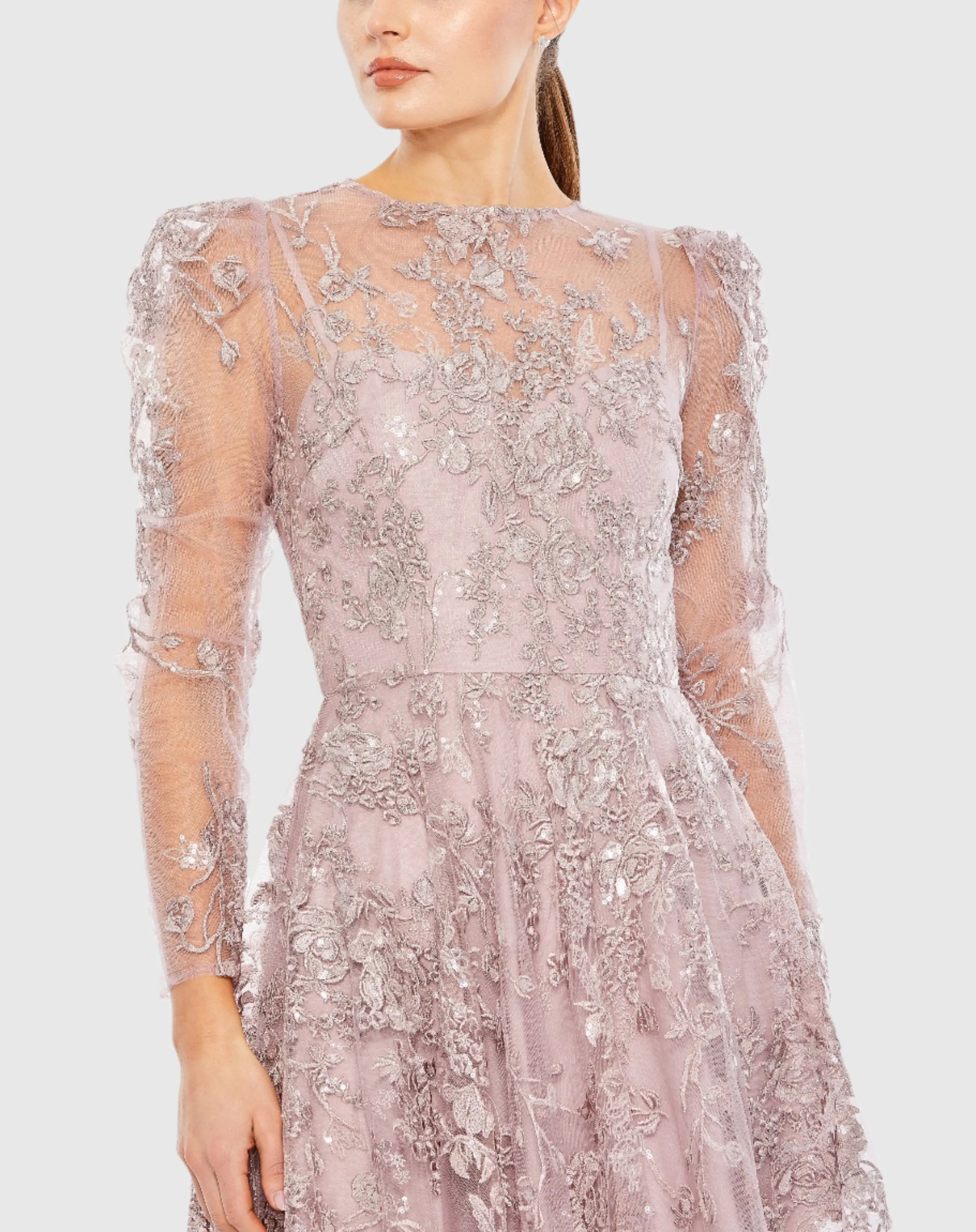 Purple Embroidered Illusion High Neck A Line Dress - Image 2