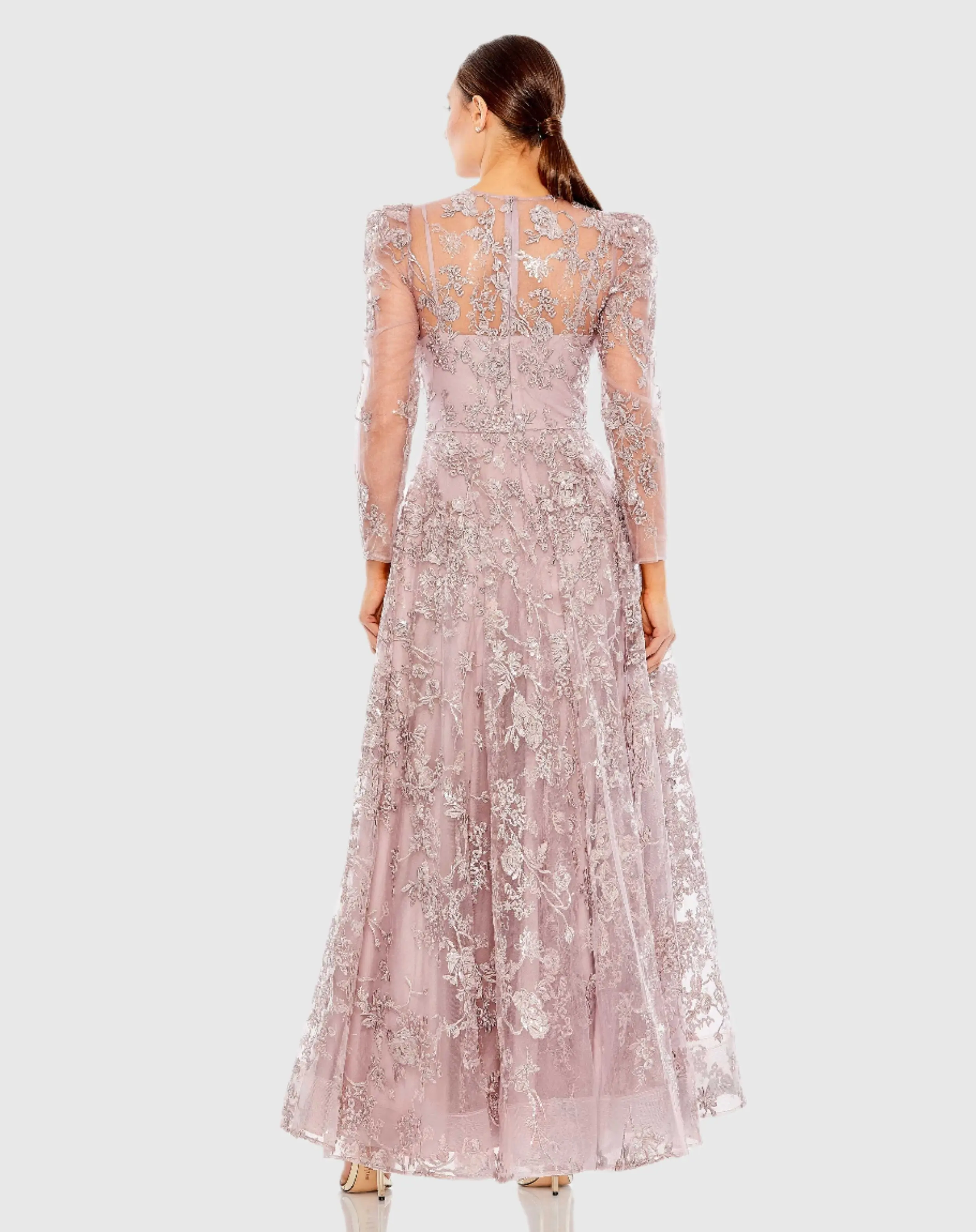 Purple Embroidered Illusion High Neck A Line Dress - Image 3