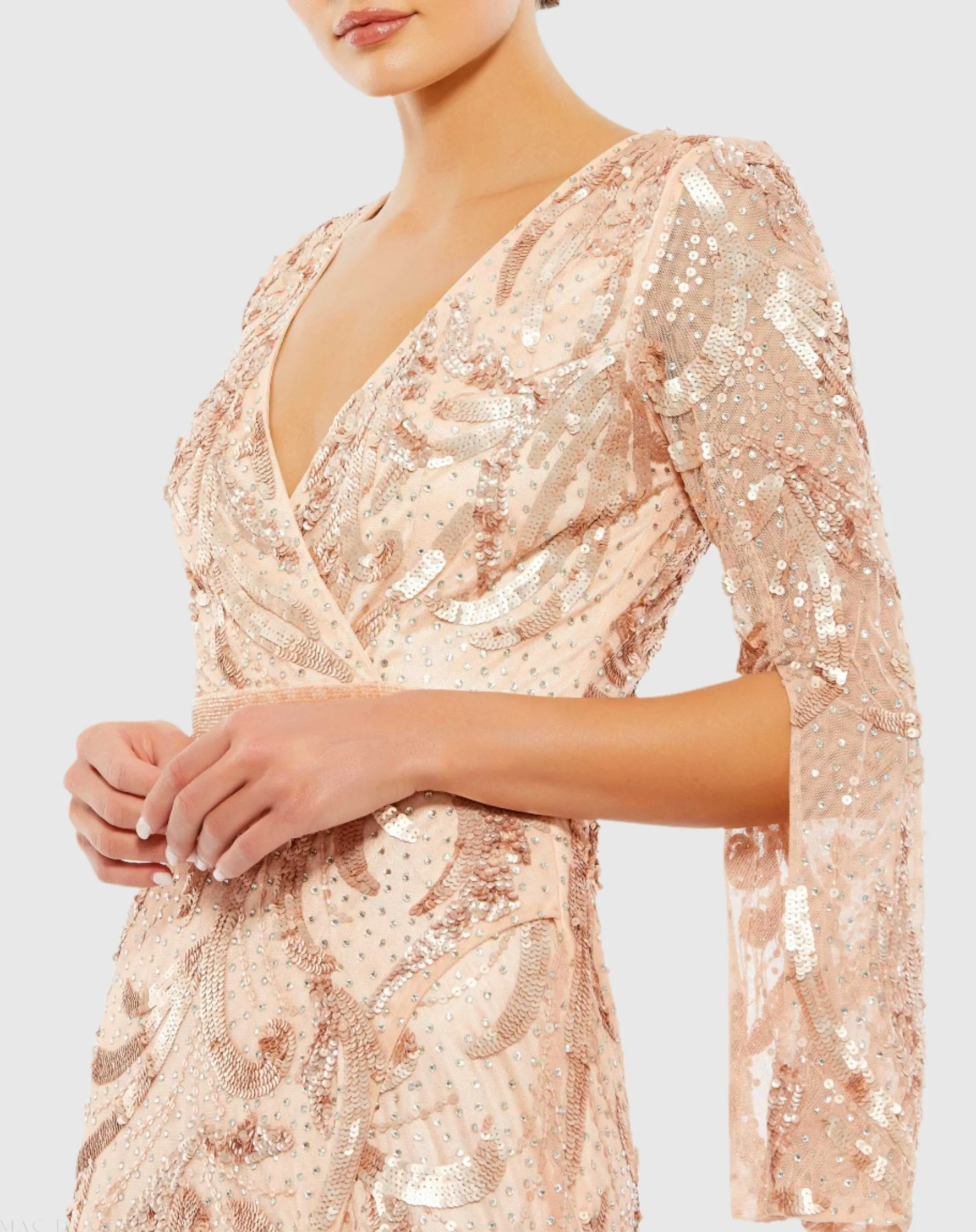 Pink Sequined Faux Wrap Split Long Sleeve Gown - Image 2