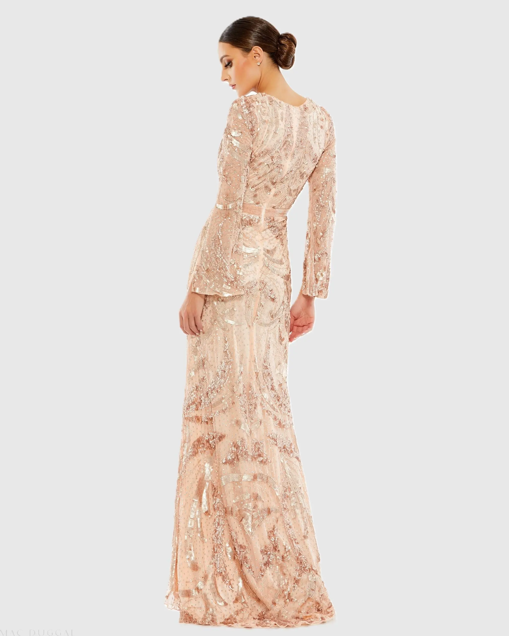 Pink Sequined Faux Wrap Split Long Sleeve Gown - Image 3