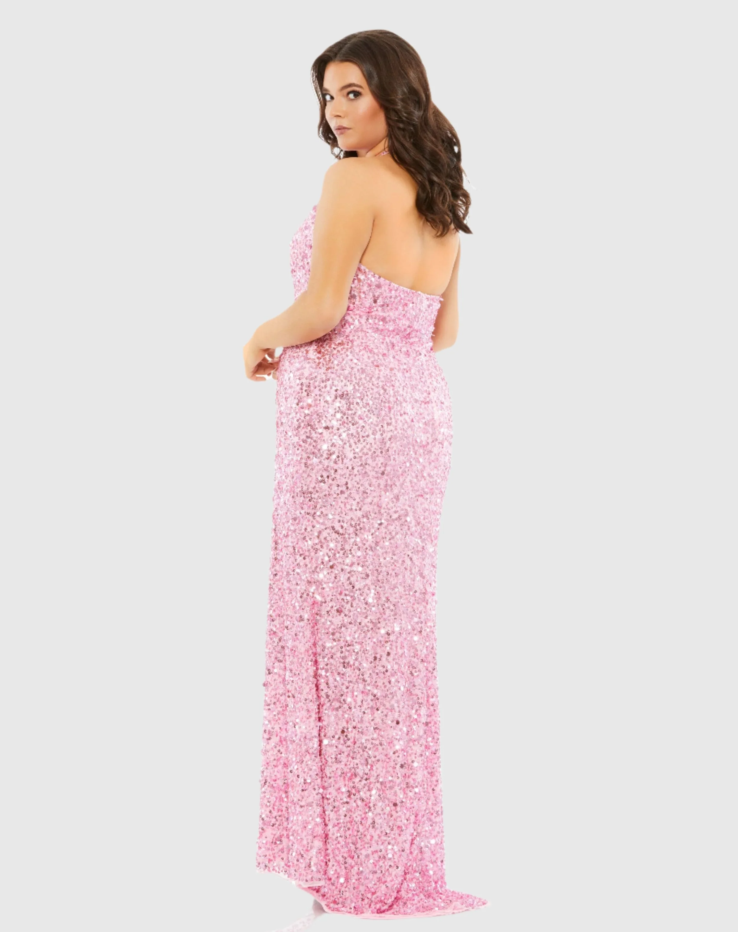 Pink Sequined Halter Strap Open Back Trumpet Gown (Plus) - Image 3