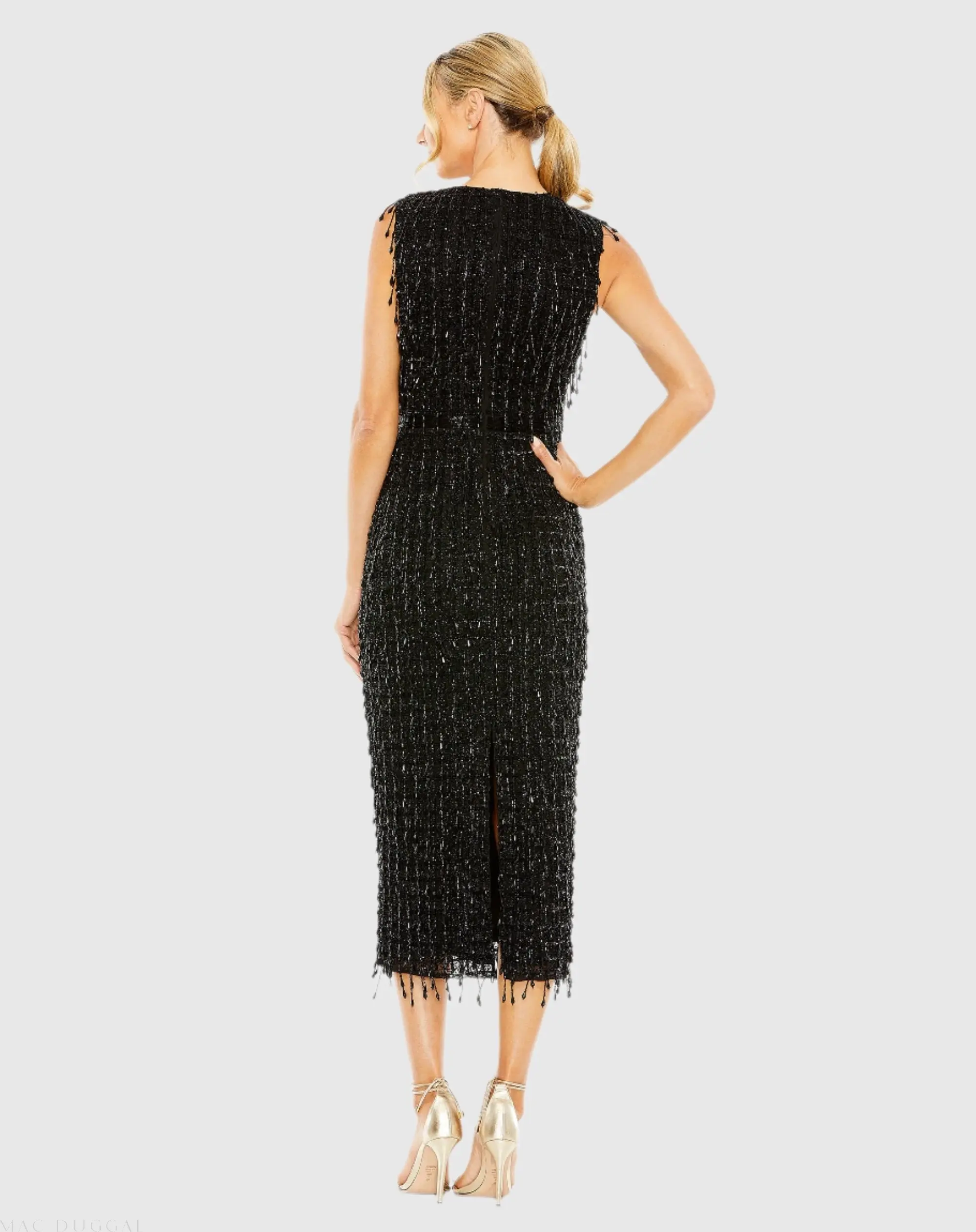 Black Sleeveless High Neck Beaded Midi Sheath Dress - Image 3