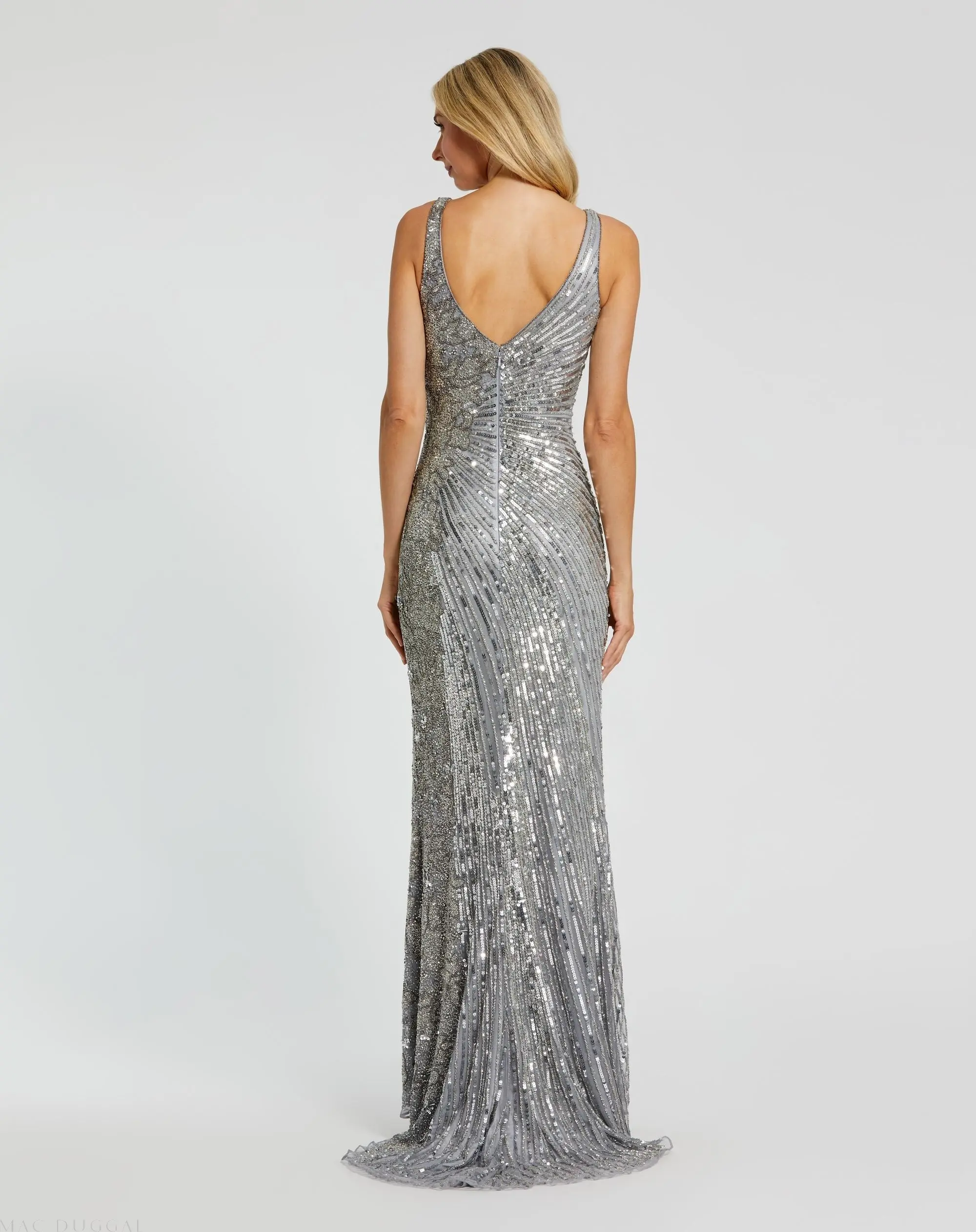 Silver Beaded Floral Sleeveless Gown - Image 3