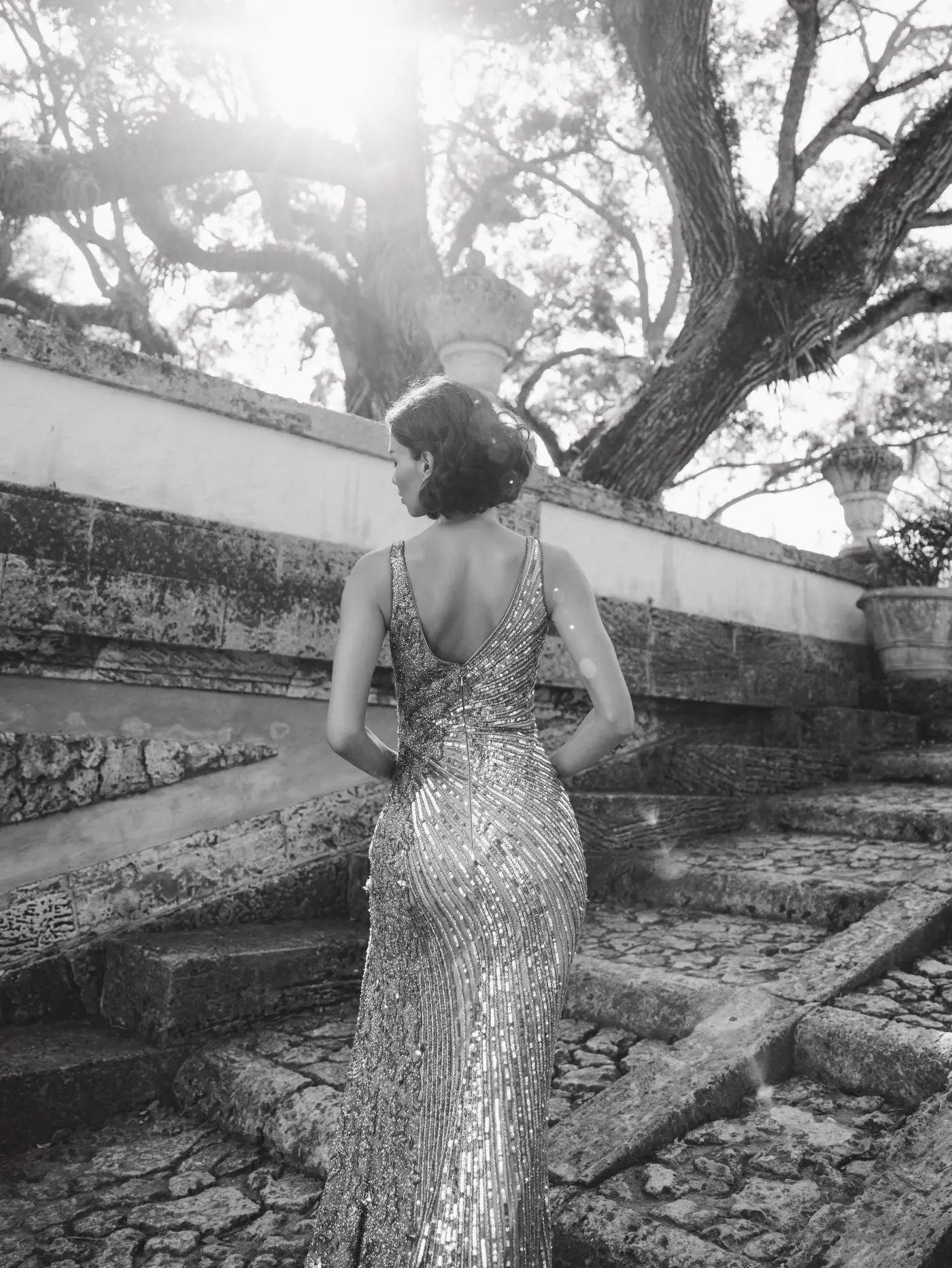 Silver Beaded Floral Sleeveless Gown - Image 6