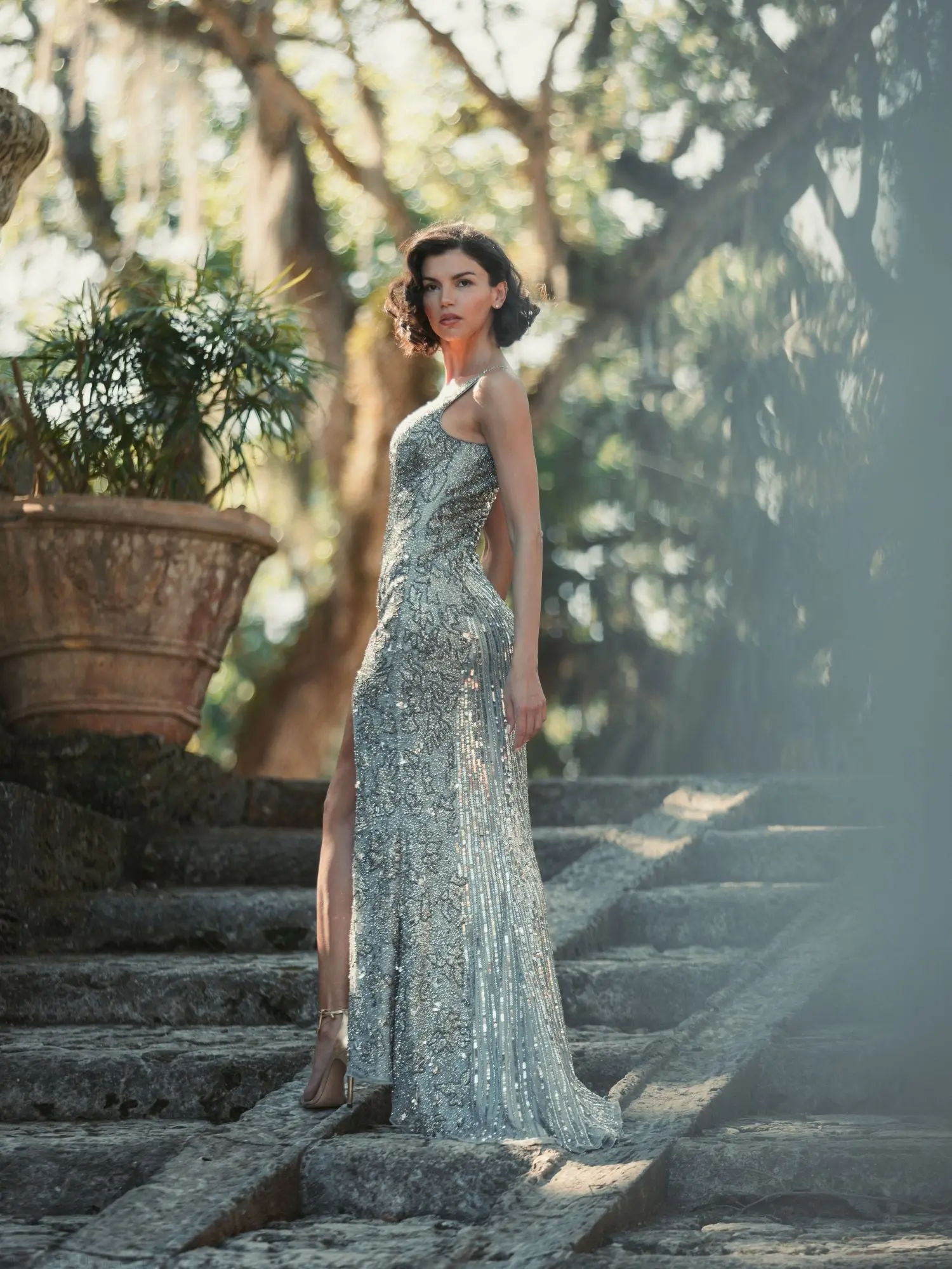 Silver Beaded Floral Sleeveless Gown - Image 7