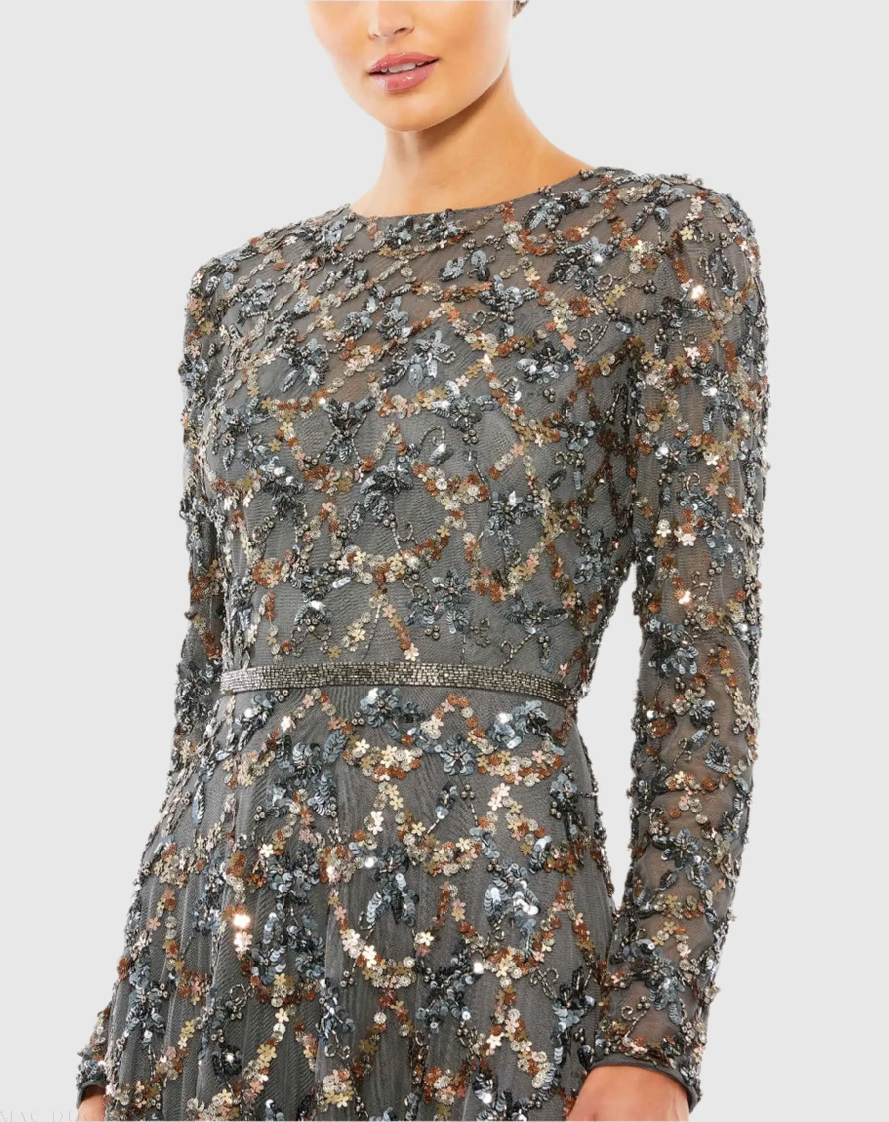 Gray Embellished Illusion High Neck Long Sleeve A Line Gown - Image 2