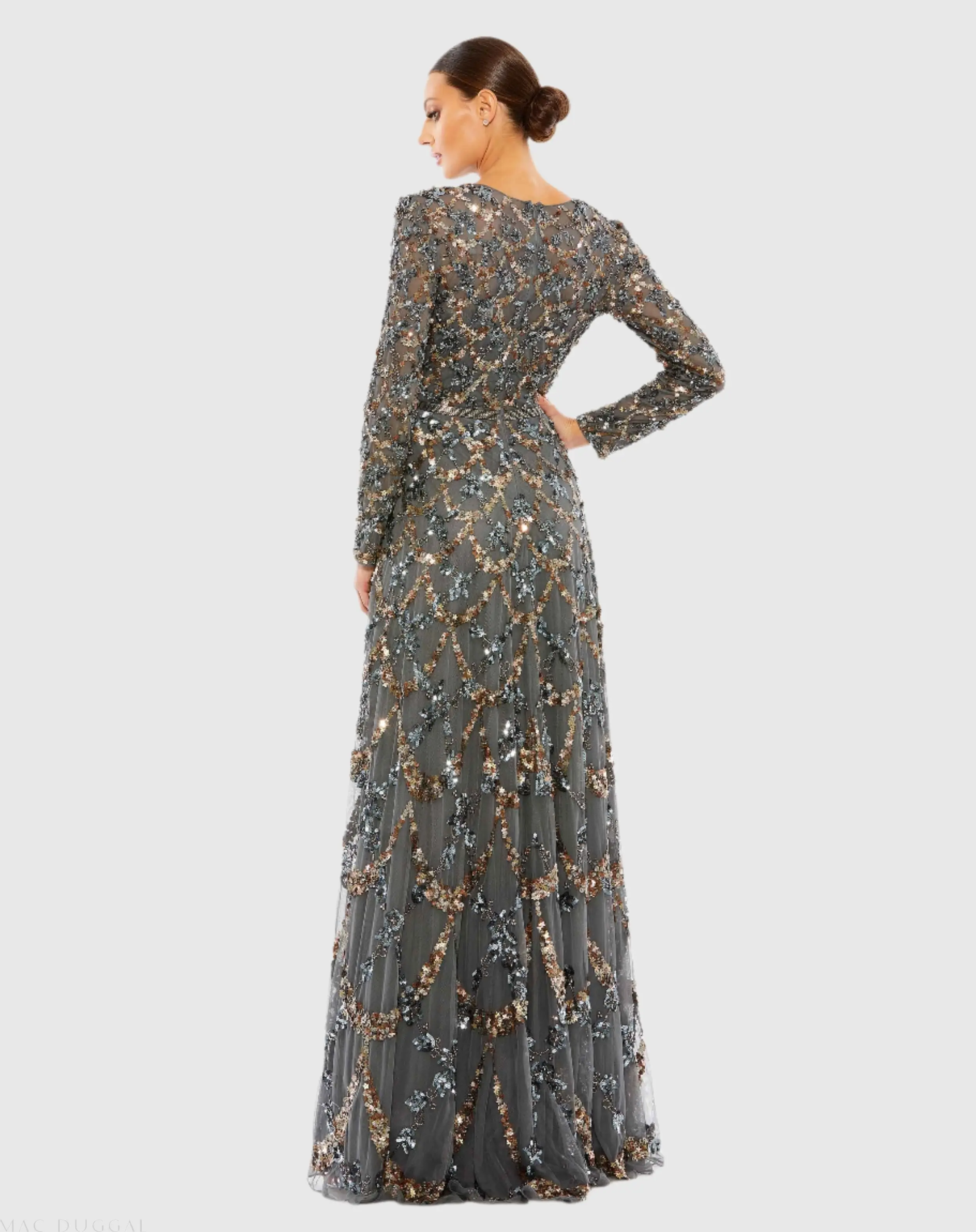 Gray Embellished Illusion High Neck Long Sleeve A Line Gown - Image 3