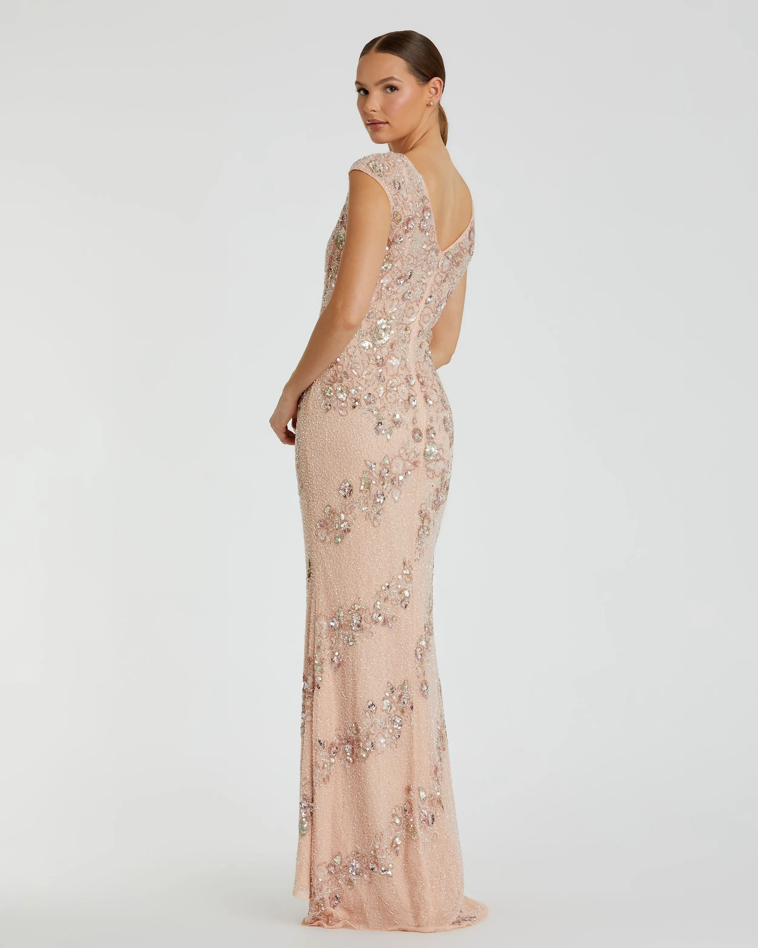 Pink Floral Embellished Cap Sleeve Column Gown - Image 3