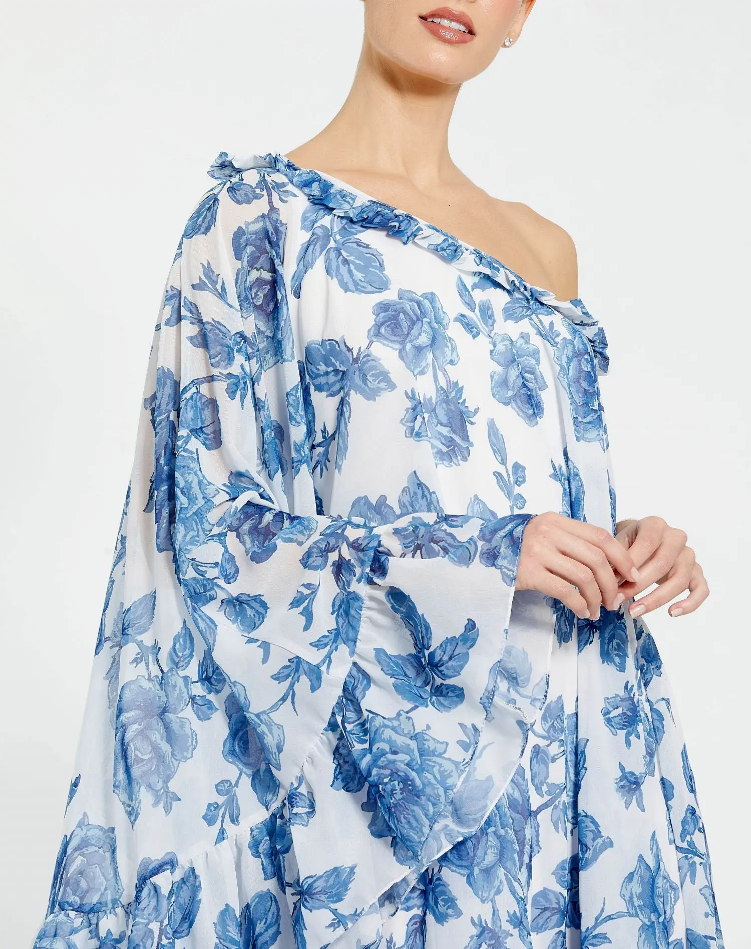 White and Blue Floral Print One Shoulder Cape Dress - Image 2