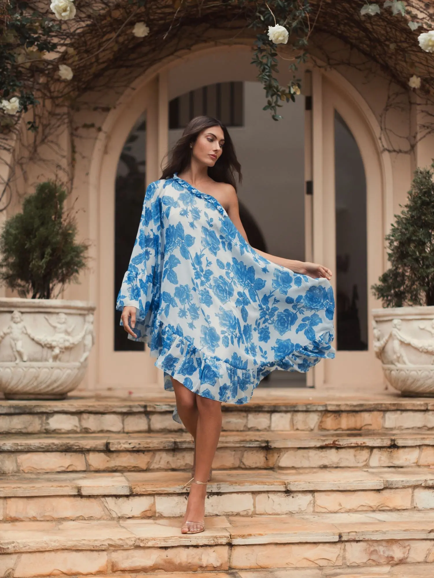 White and Blue Floral Print One Shoulder Cape Dress - Image 4